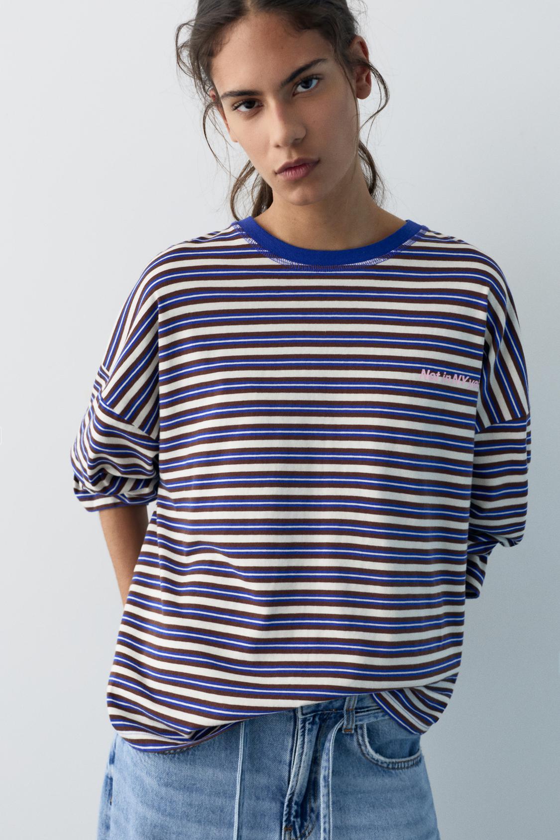 T-shirt Court Rayé Vert Femme Pull&Bear - Taille S - Coton Stretch