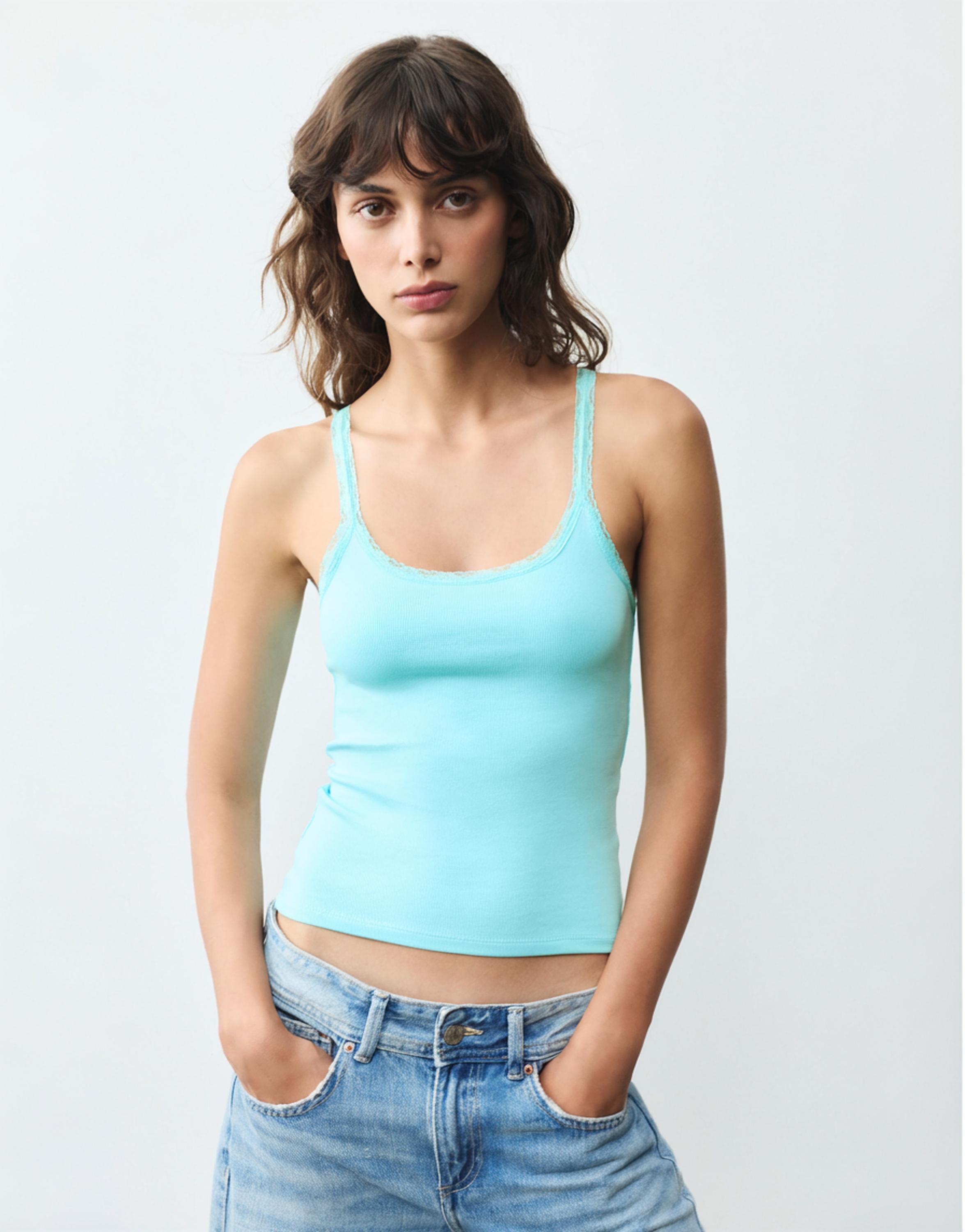 Lace-trim tank top — Turquoise