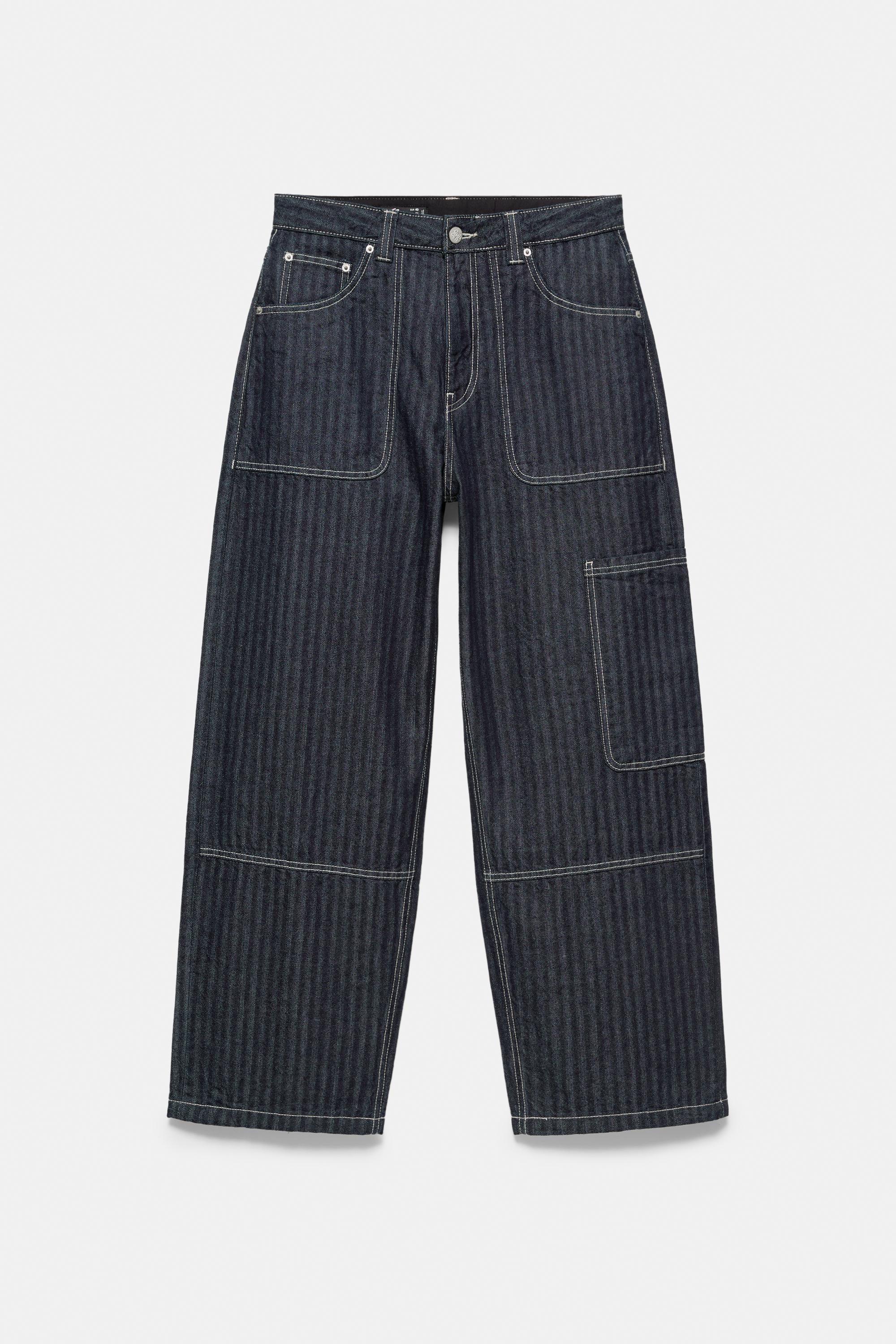 Striped relaxed-fit cargo jeans — Navy