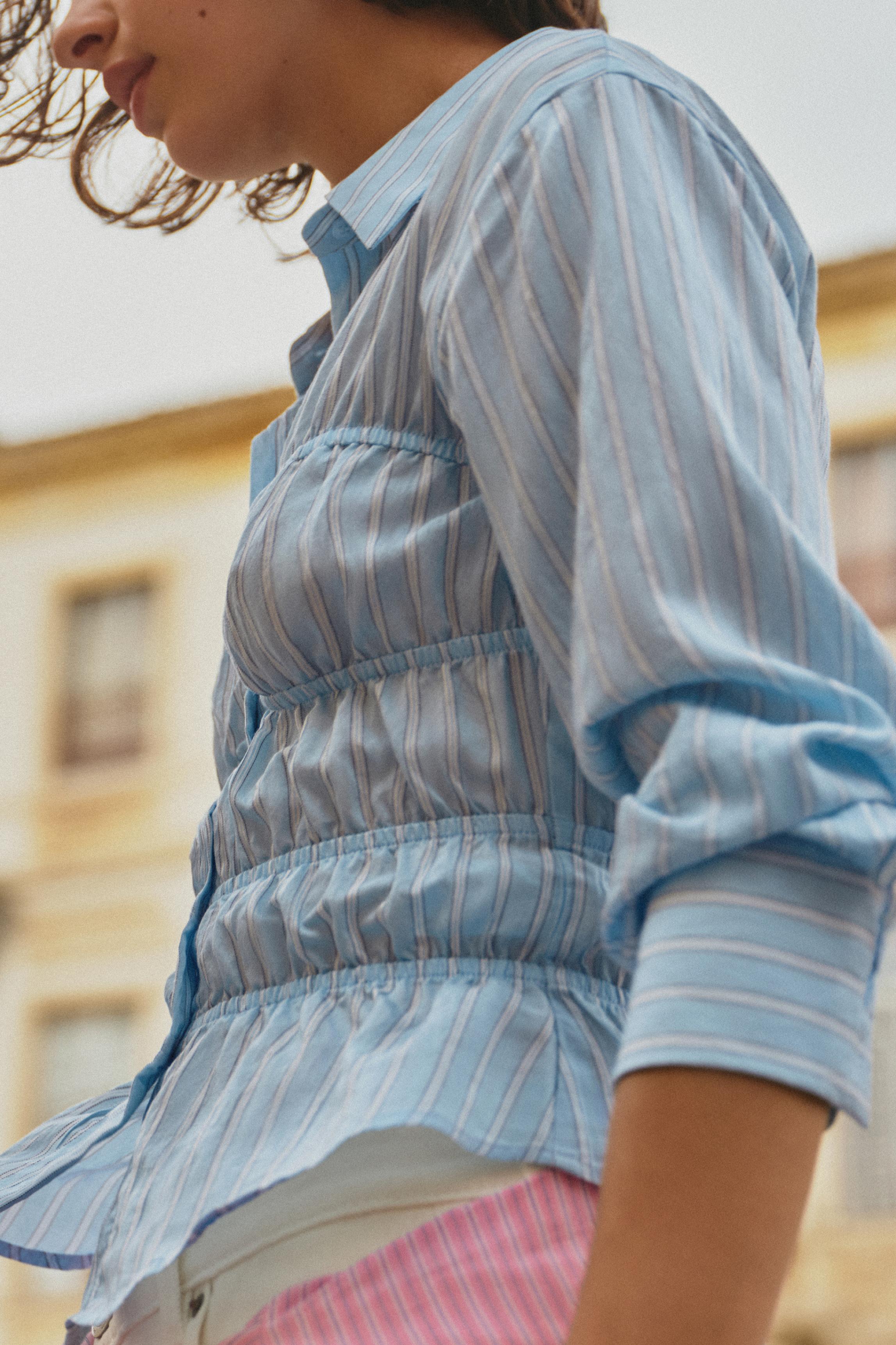 Striped long sleeve gathered shirt — White/Sky Blue