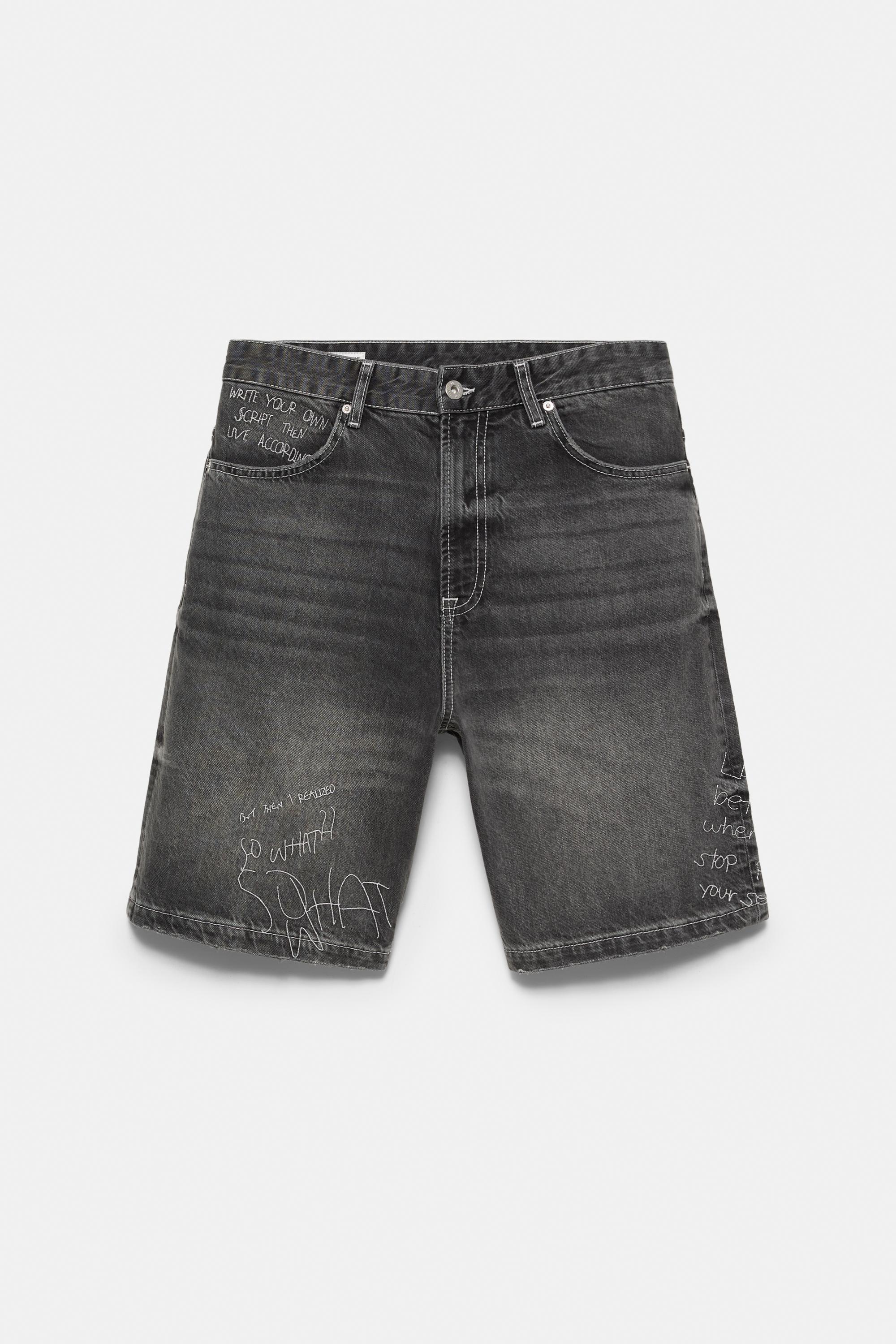 Embroidered baggy denim Bermuda shorts — Faded black