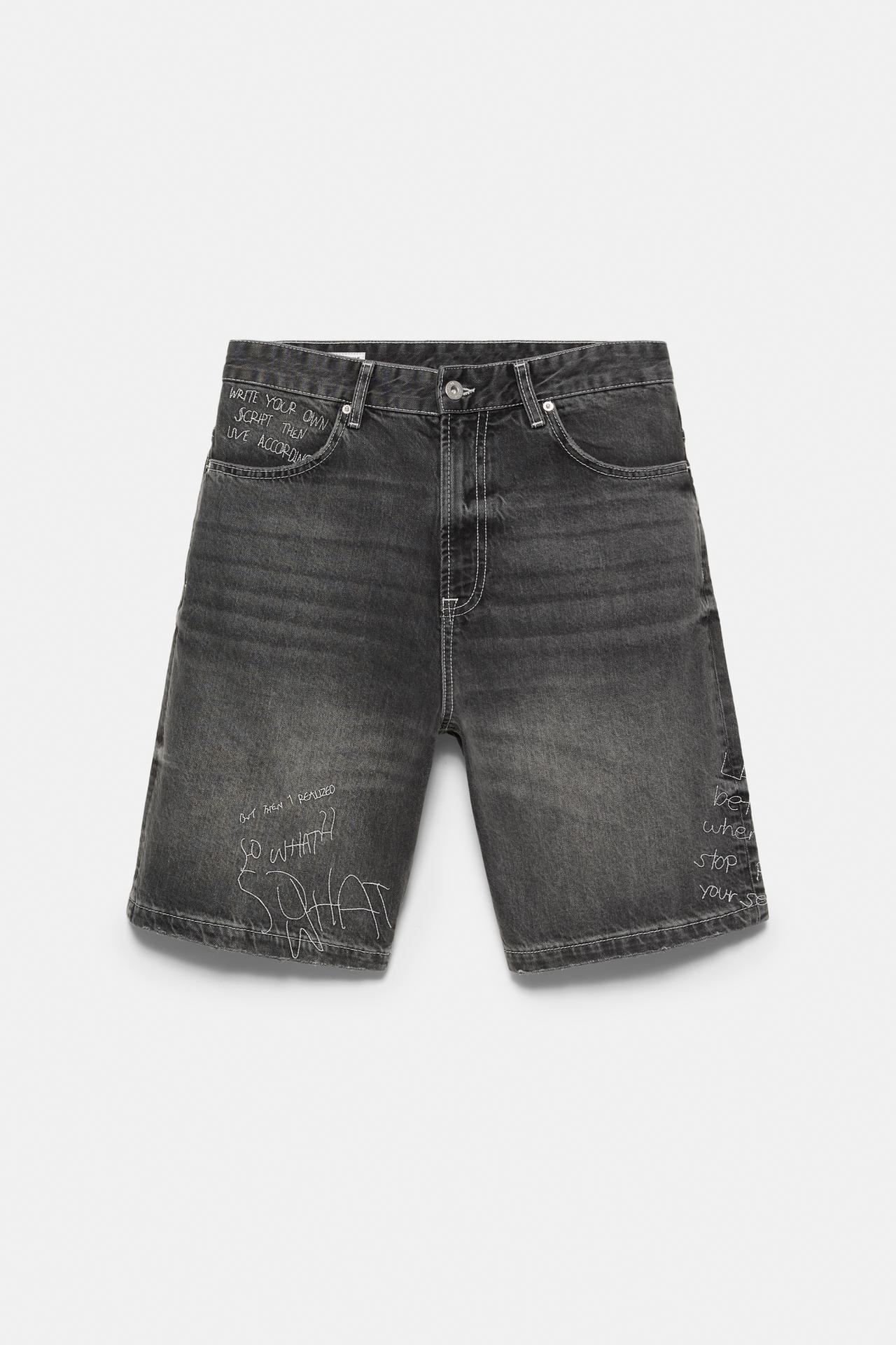 Embroidered baggy denim Bermuda shorts — Faded black