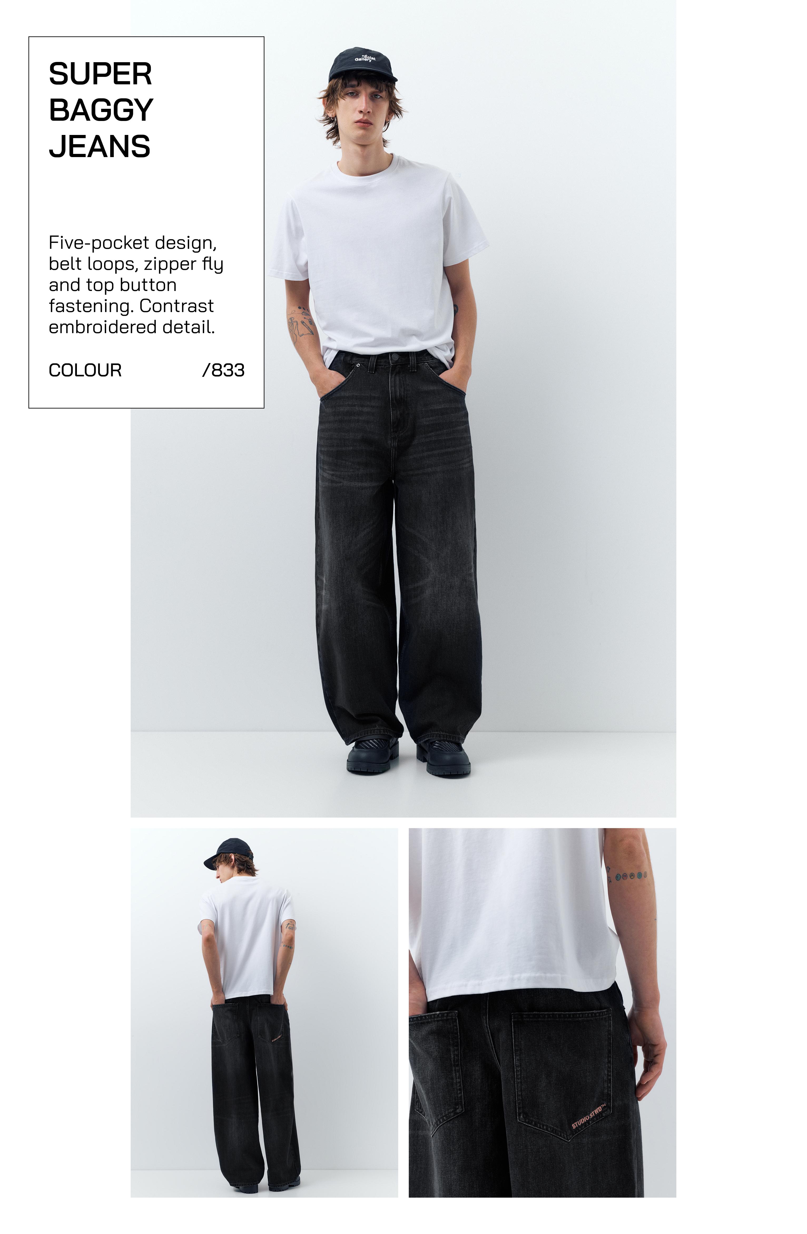Embroidered super baggy jeans — Faded black