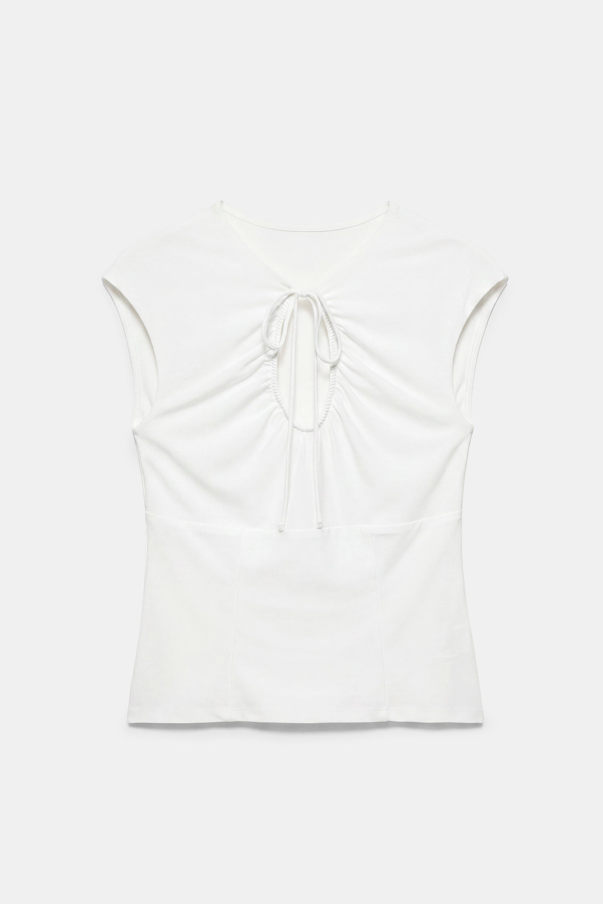 Gathered tie-neck top — Ecru