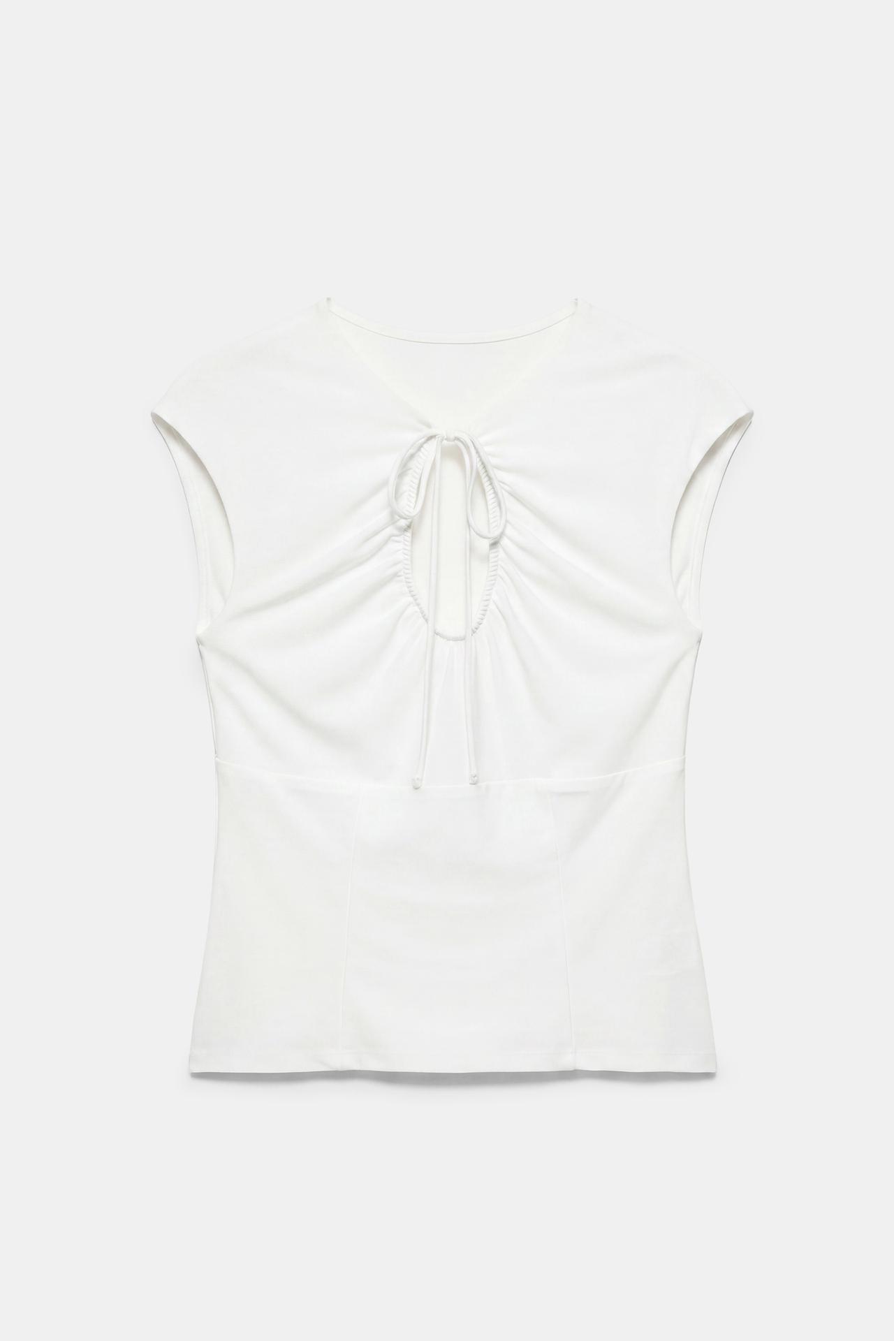 Gathered tie-neck top — Ecru