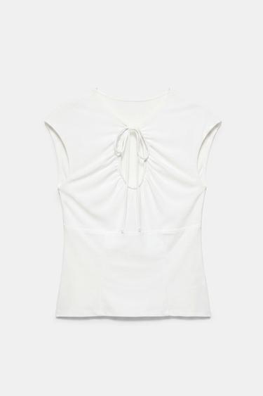 Gathered tie-neck top — Ecru 7