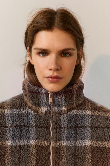 Check faux shearling jacket — Dark khaki 3