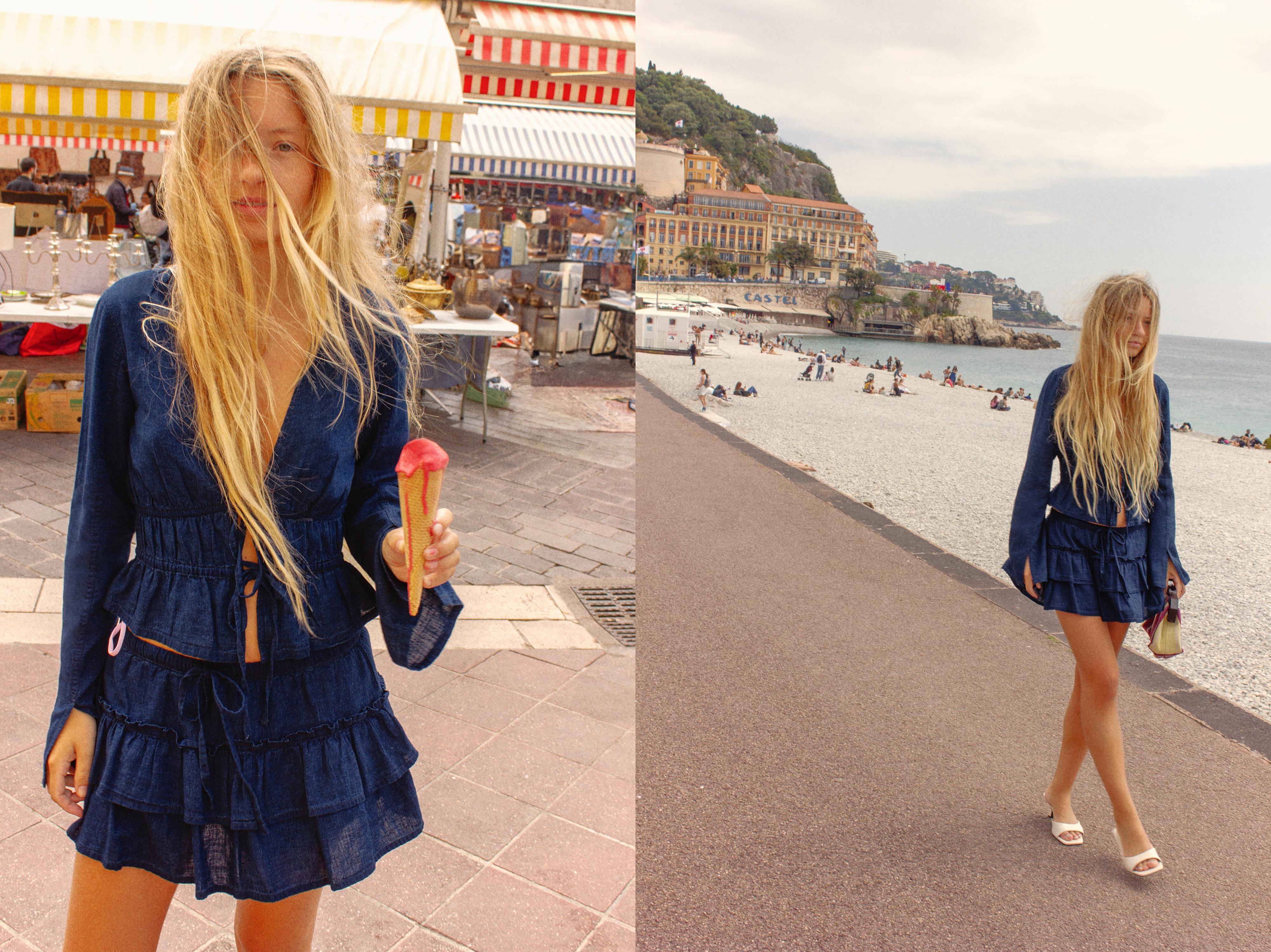 Denim blouse with ties — Dark blue
