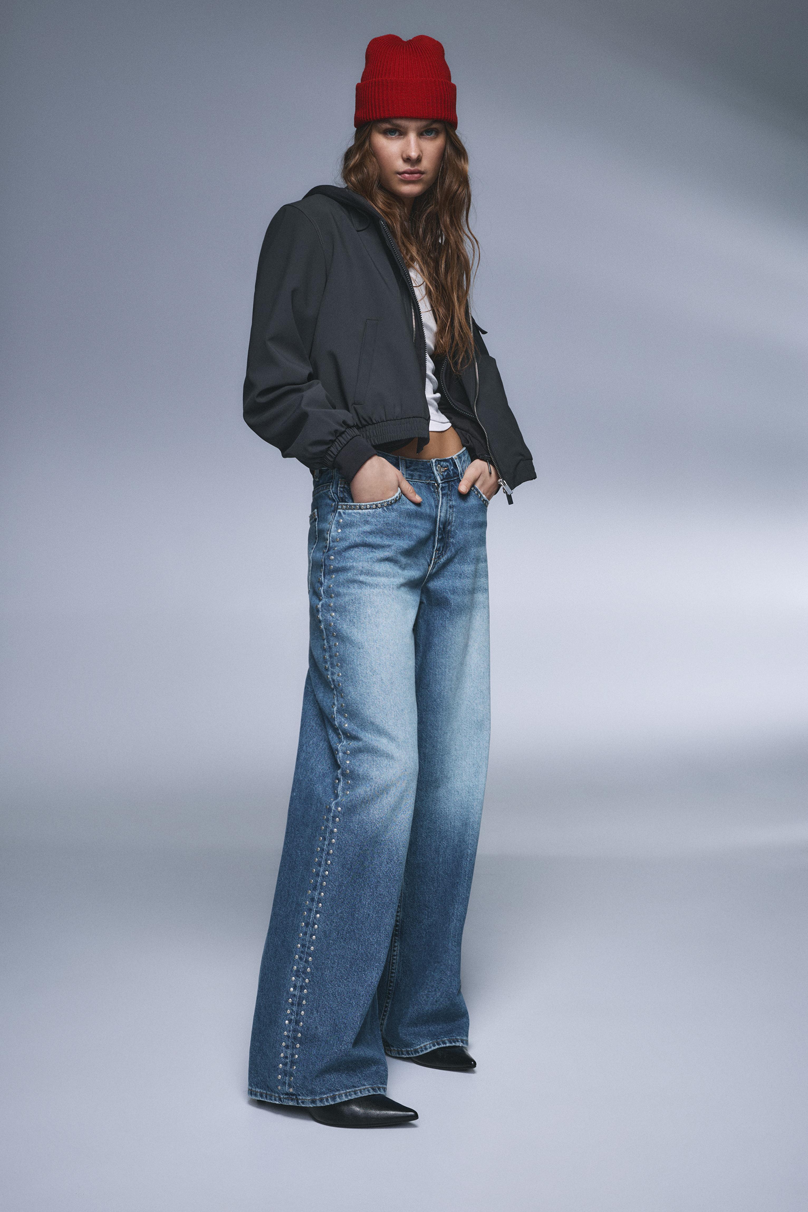 Wide-leg stud jeans — Medium blue