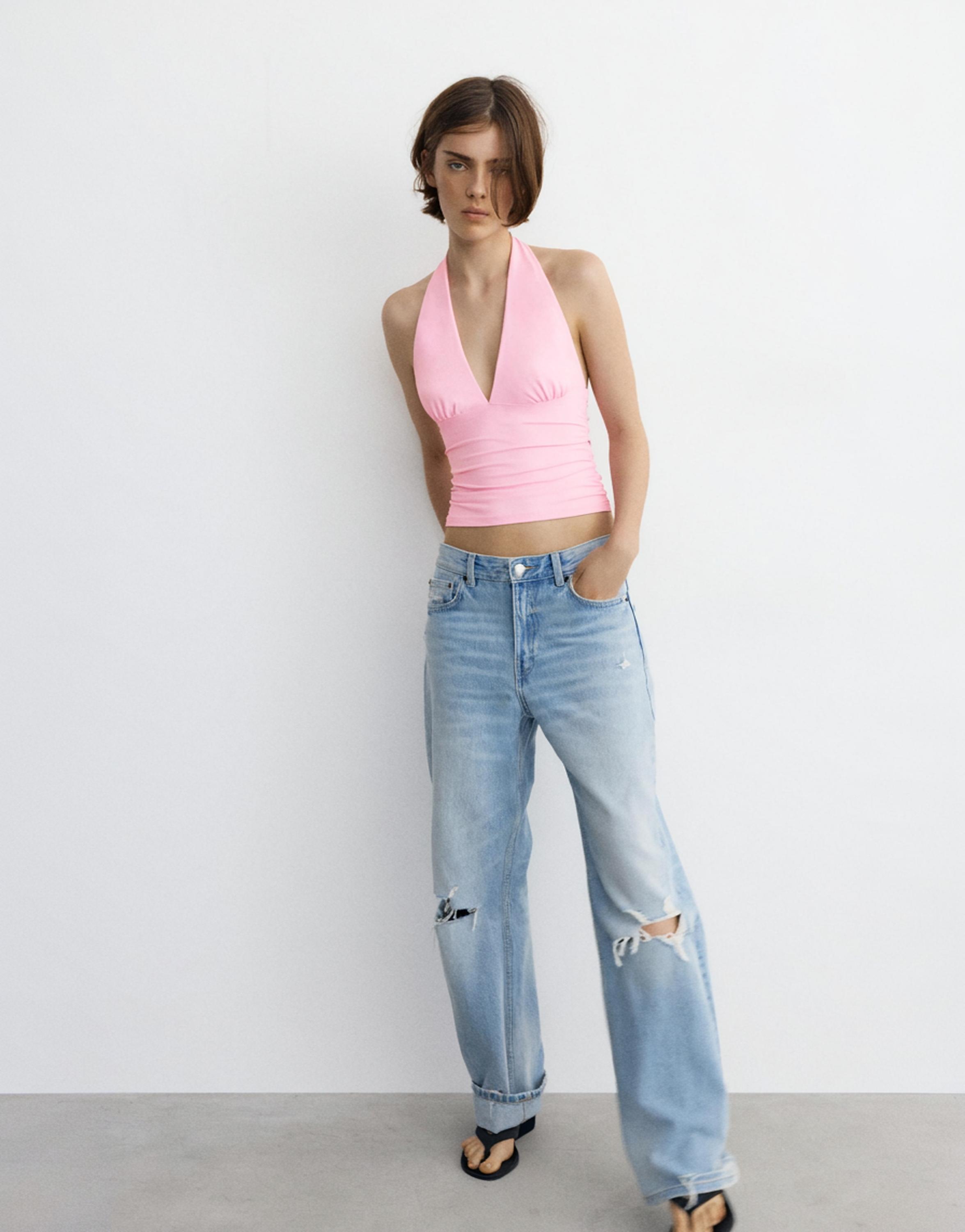 Halter neck top with gathering — Pink