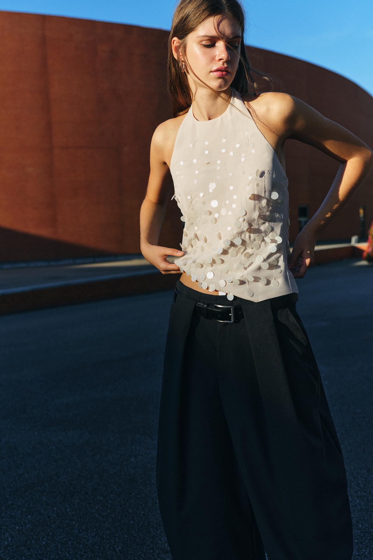 Halter sequin top — Ecru