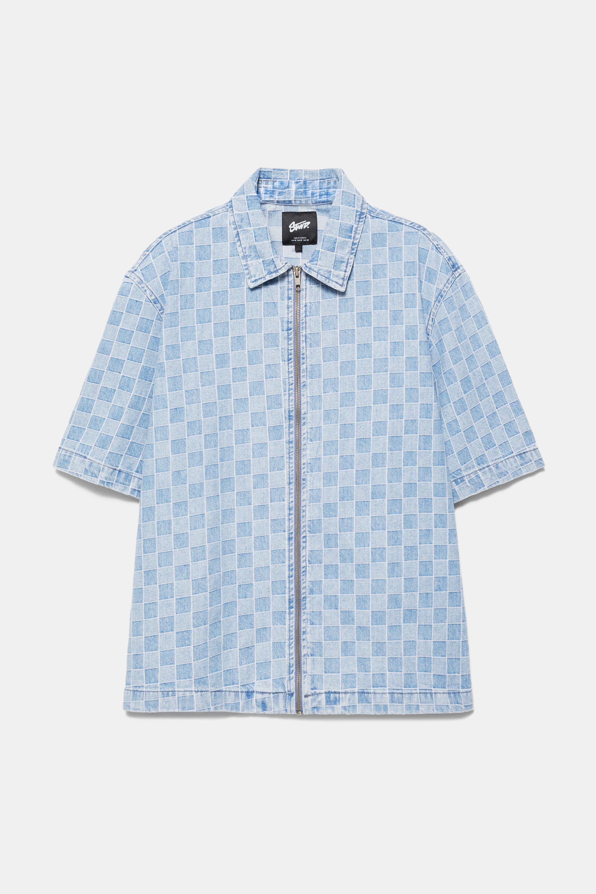 Check zip-up denim shirt — Medium blue