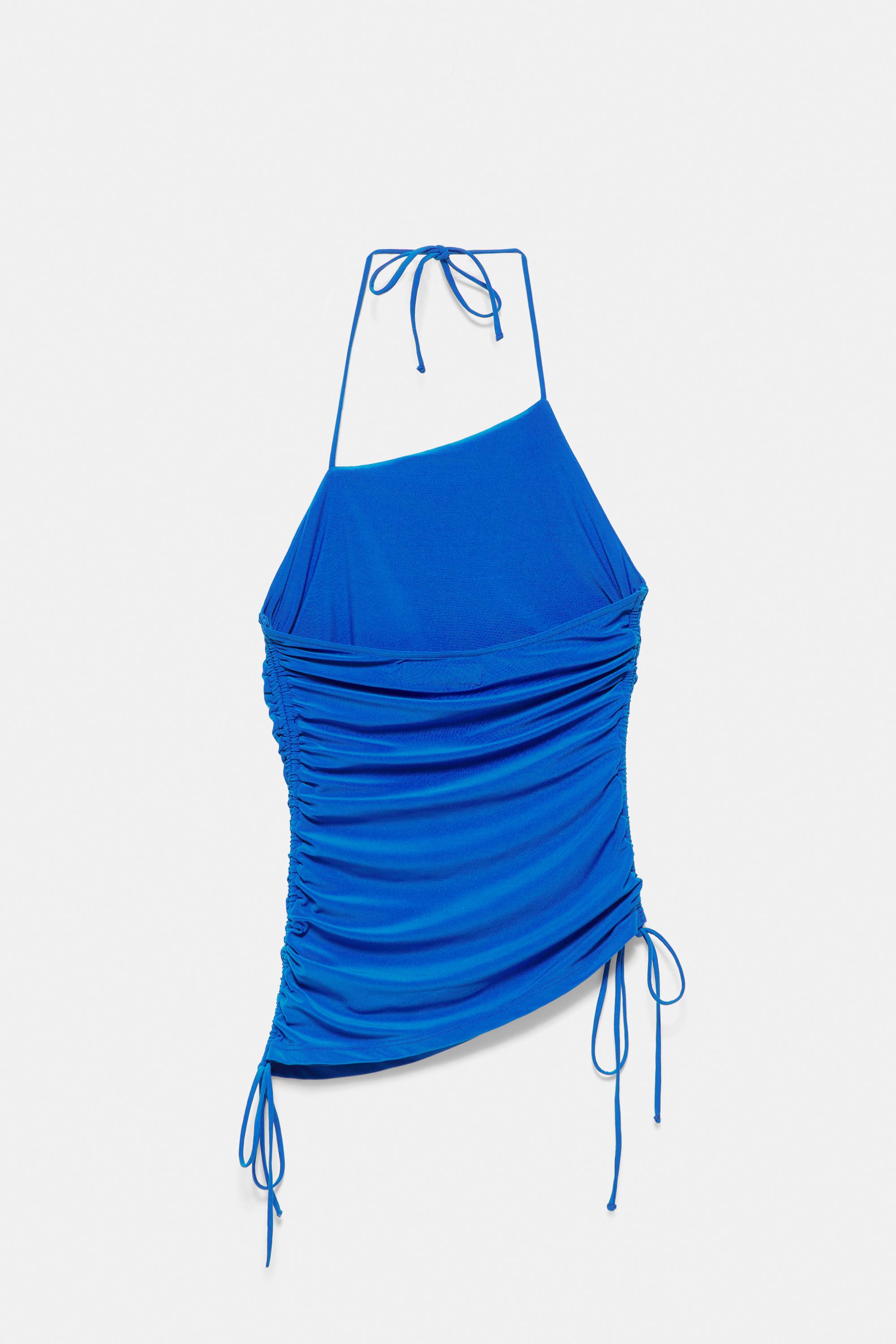 Asymmetric gathered halter top — Deep blue
