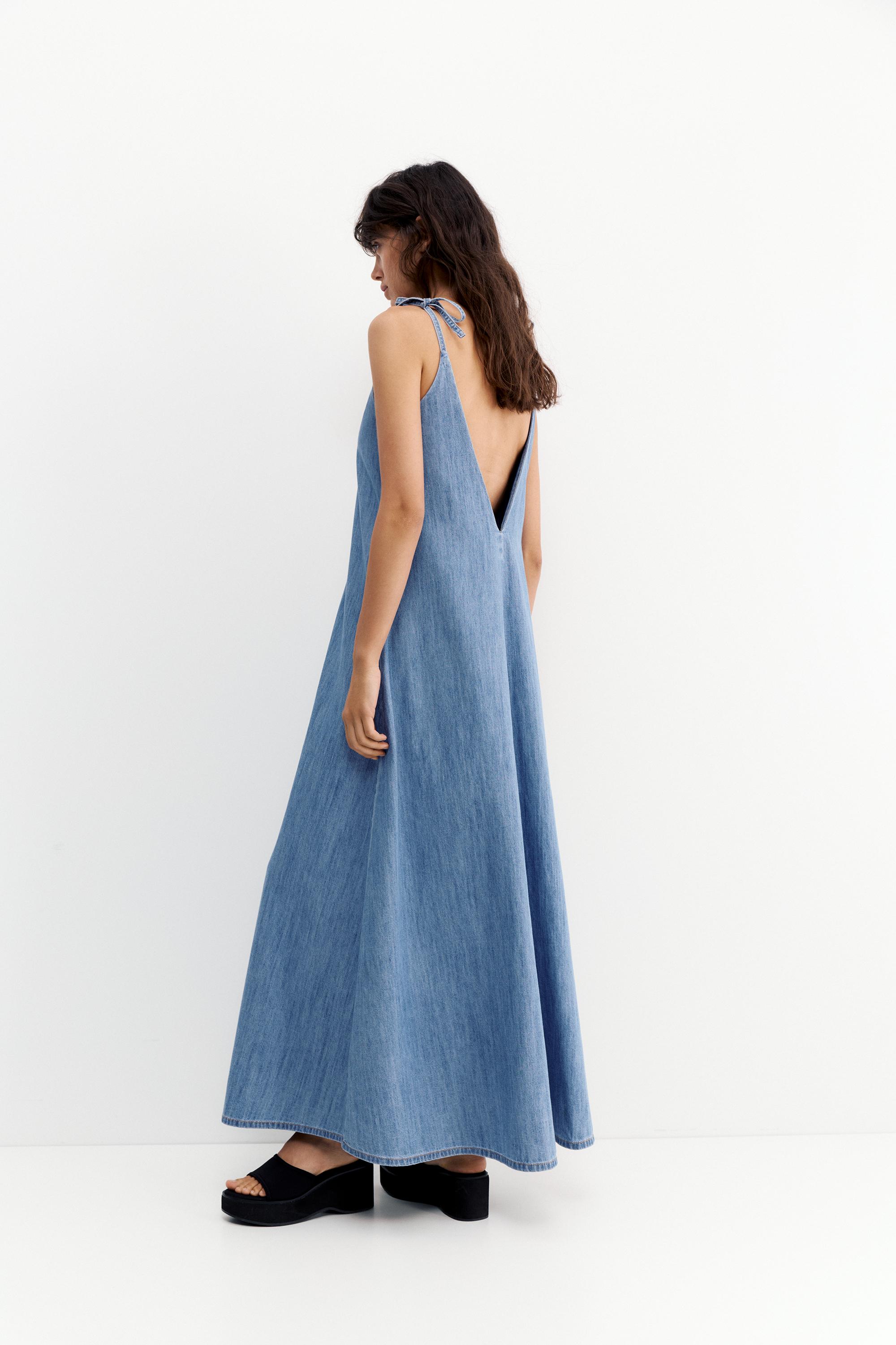 Long denim strappy dress — Pale blue