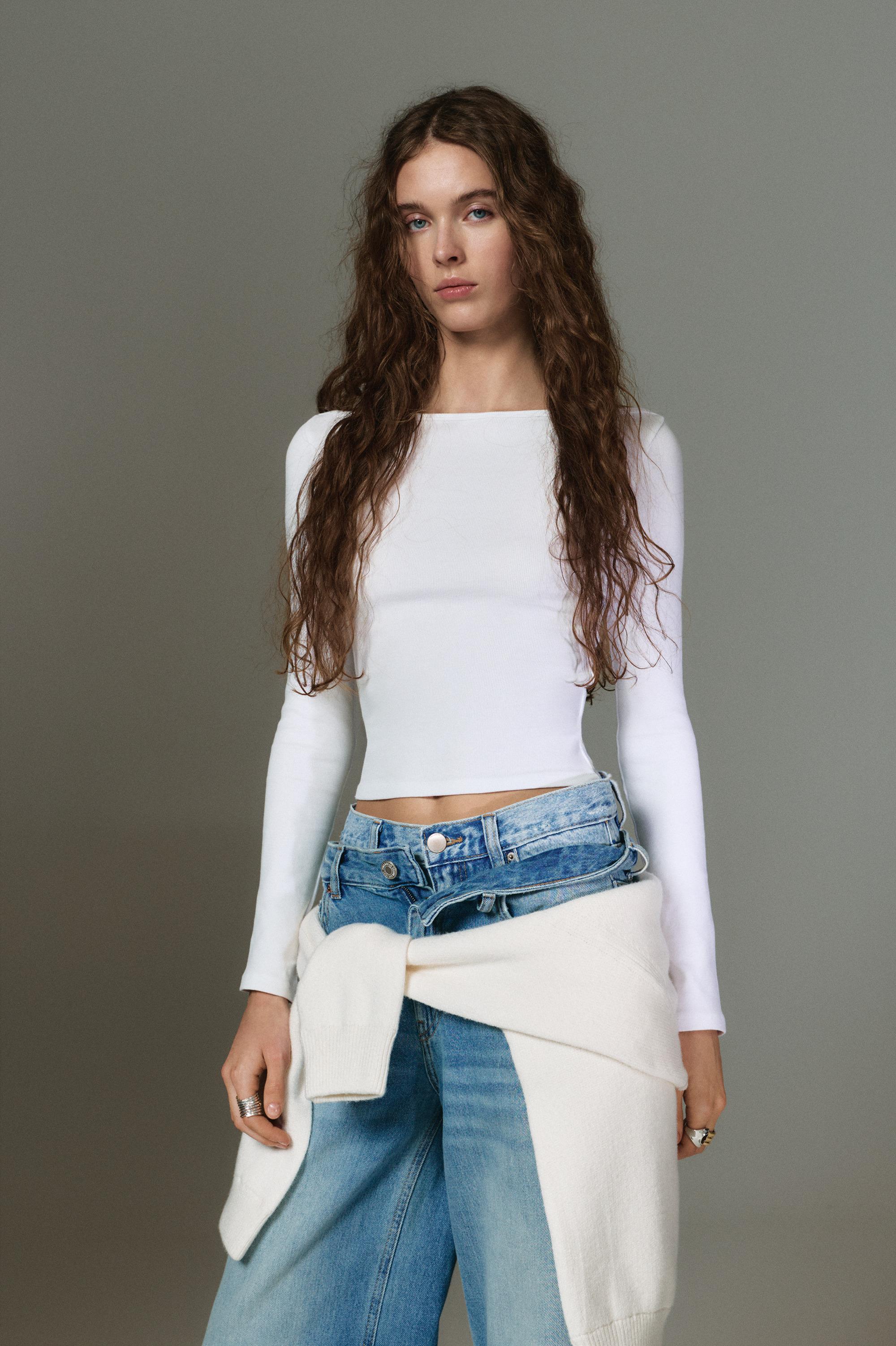 Long sleeve boat neck T-shirt — White
