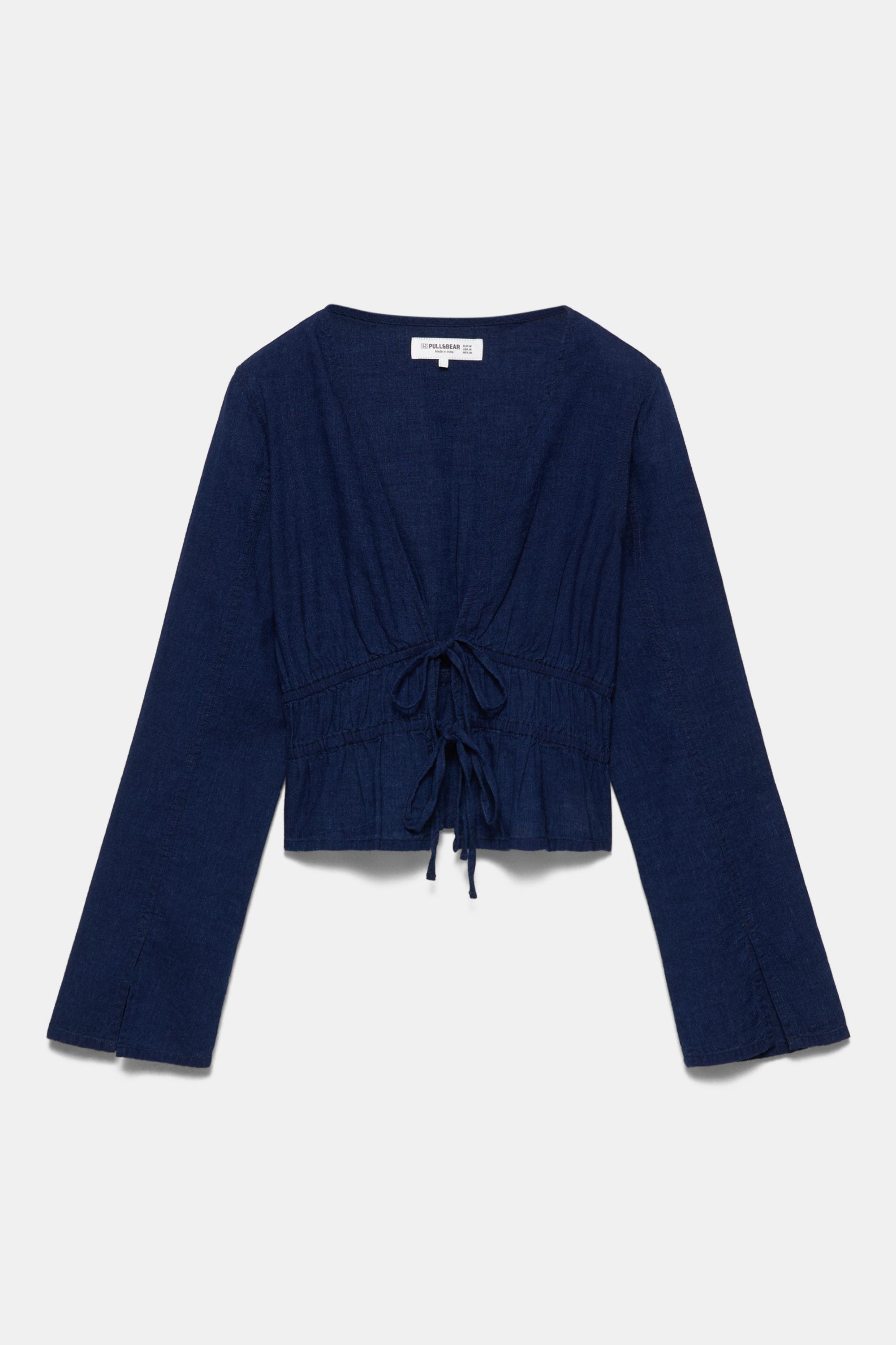 Denim blouse with ties — Dark blue