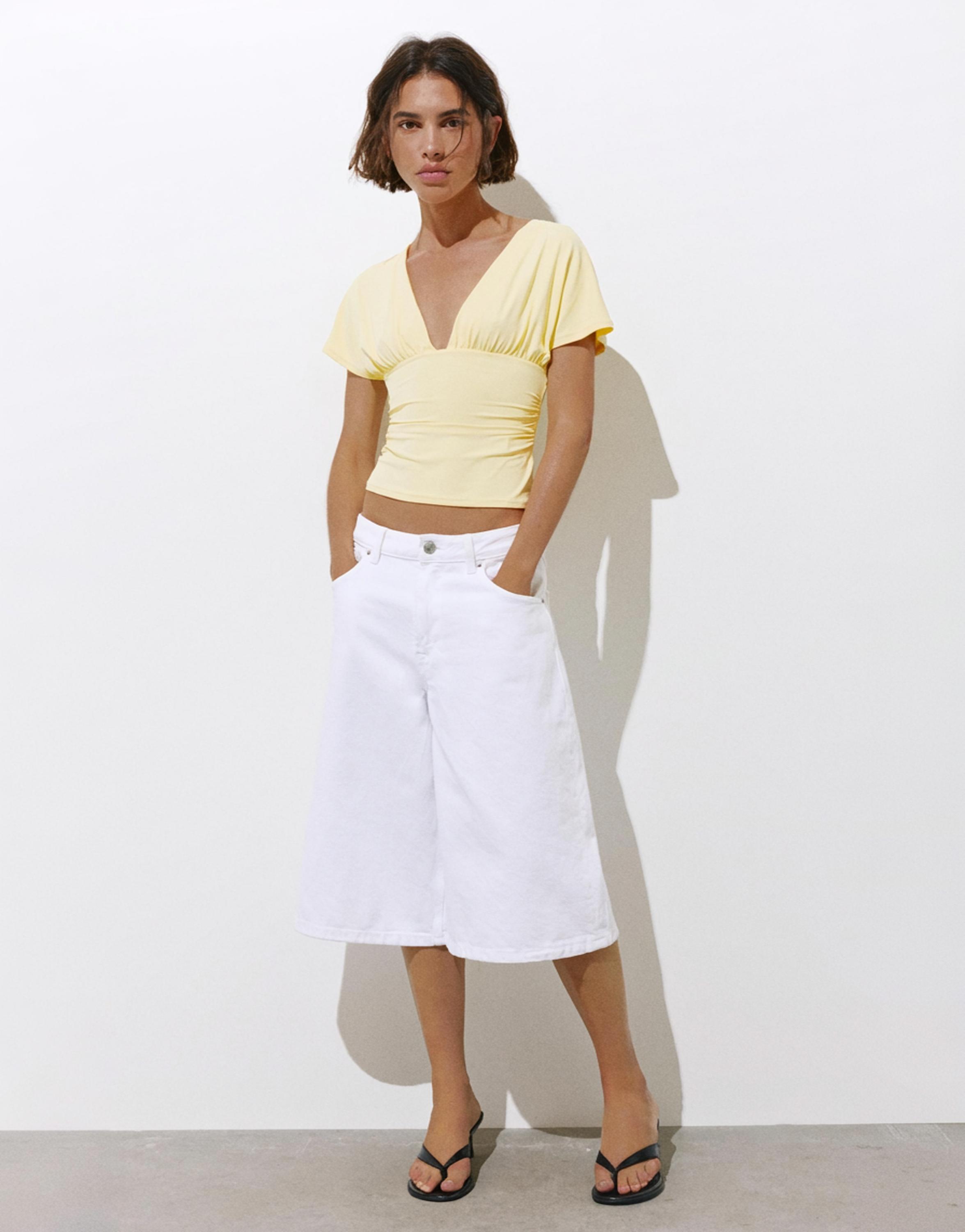 Gathered V-neck top — Yellow