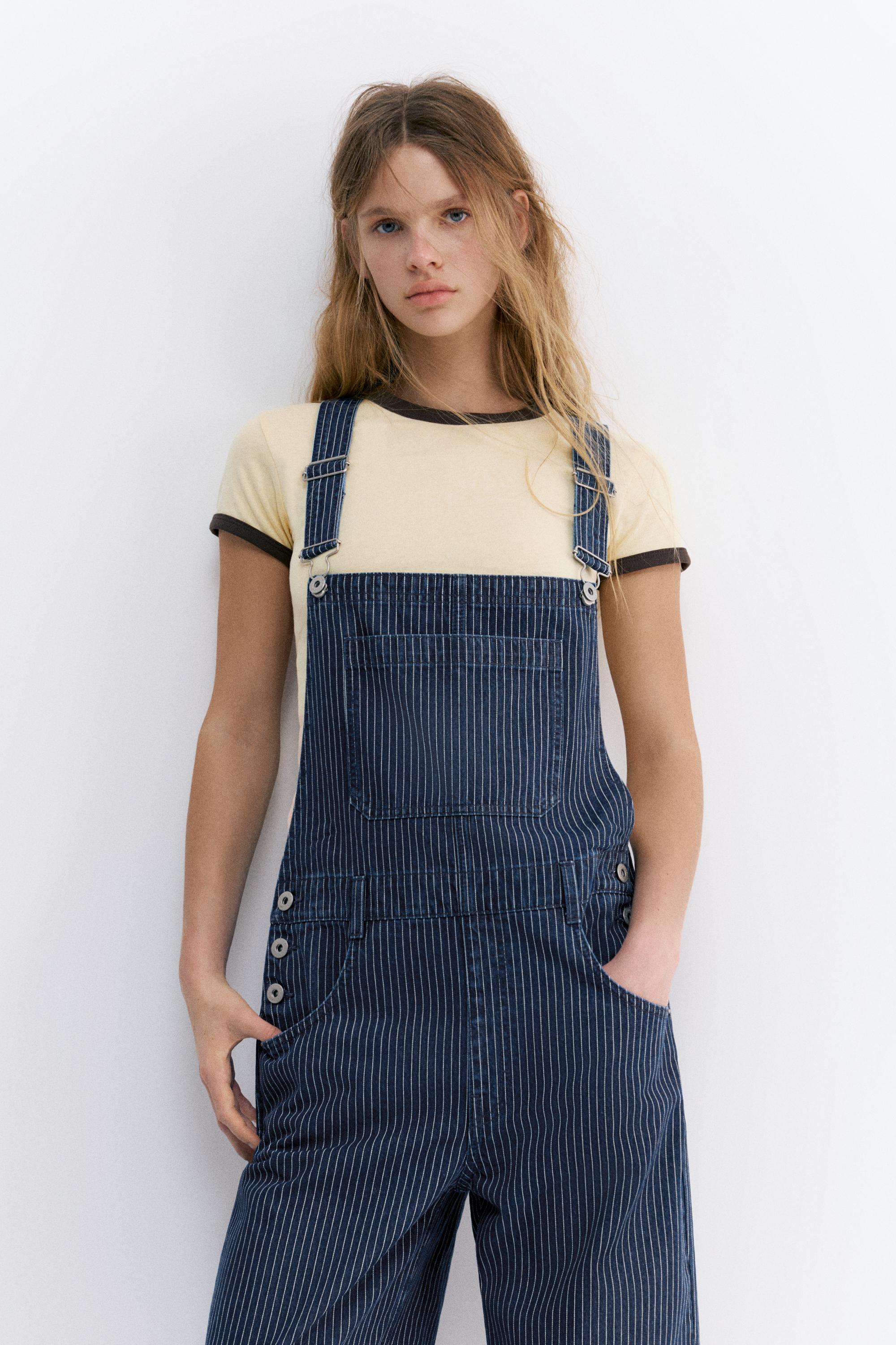 Çizgili uzun denim tulum - Görsel 14