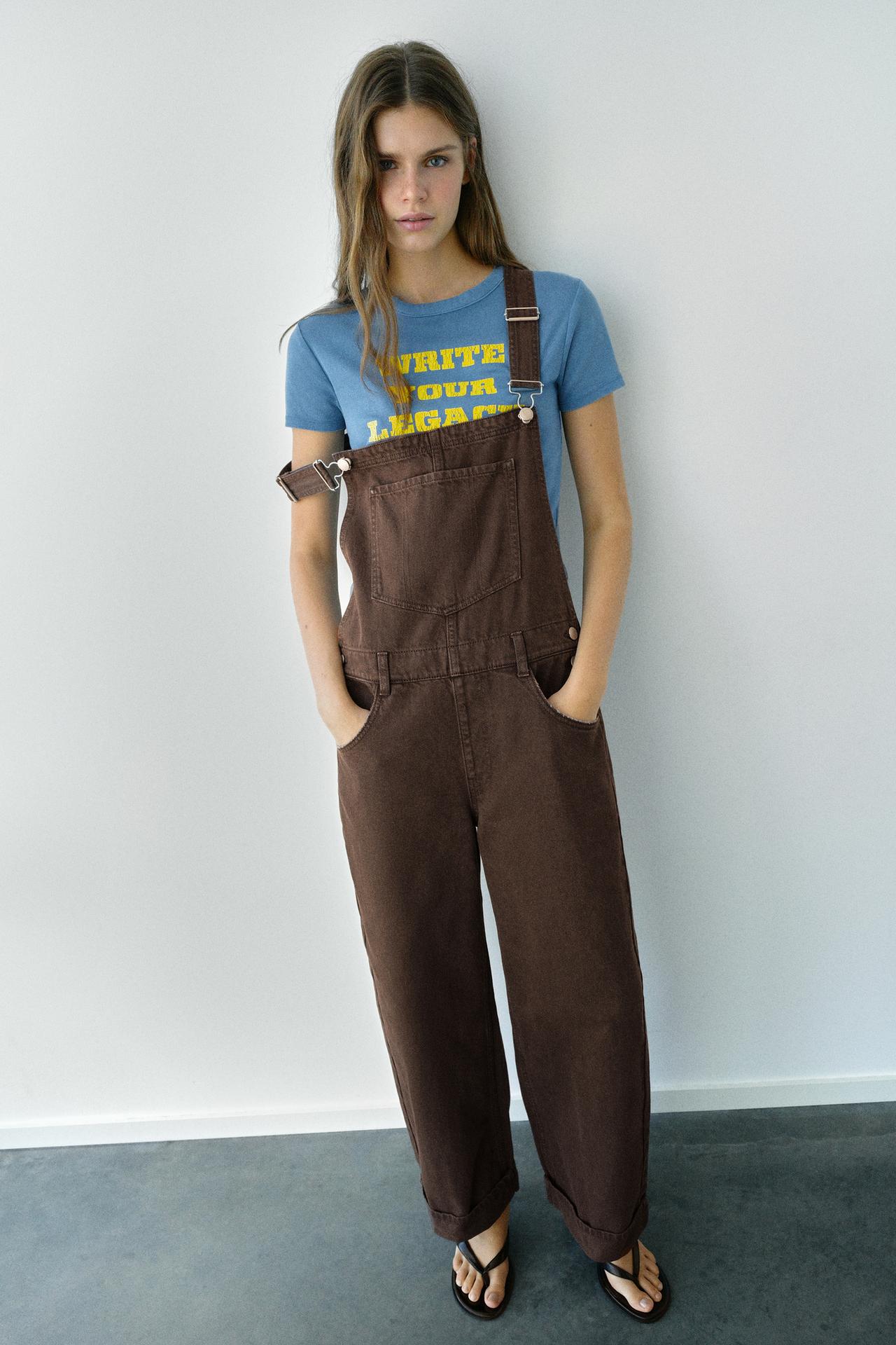 Long denim dungarees — Brown