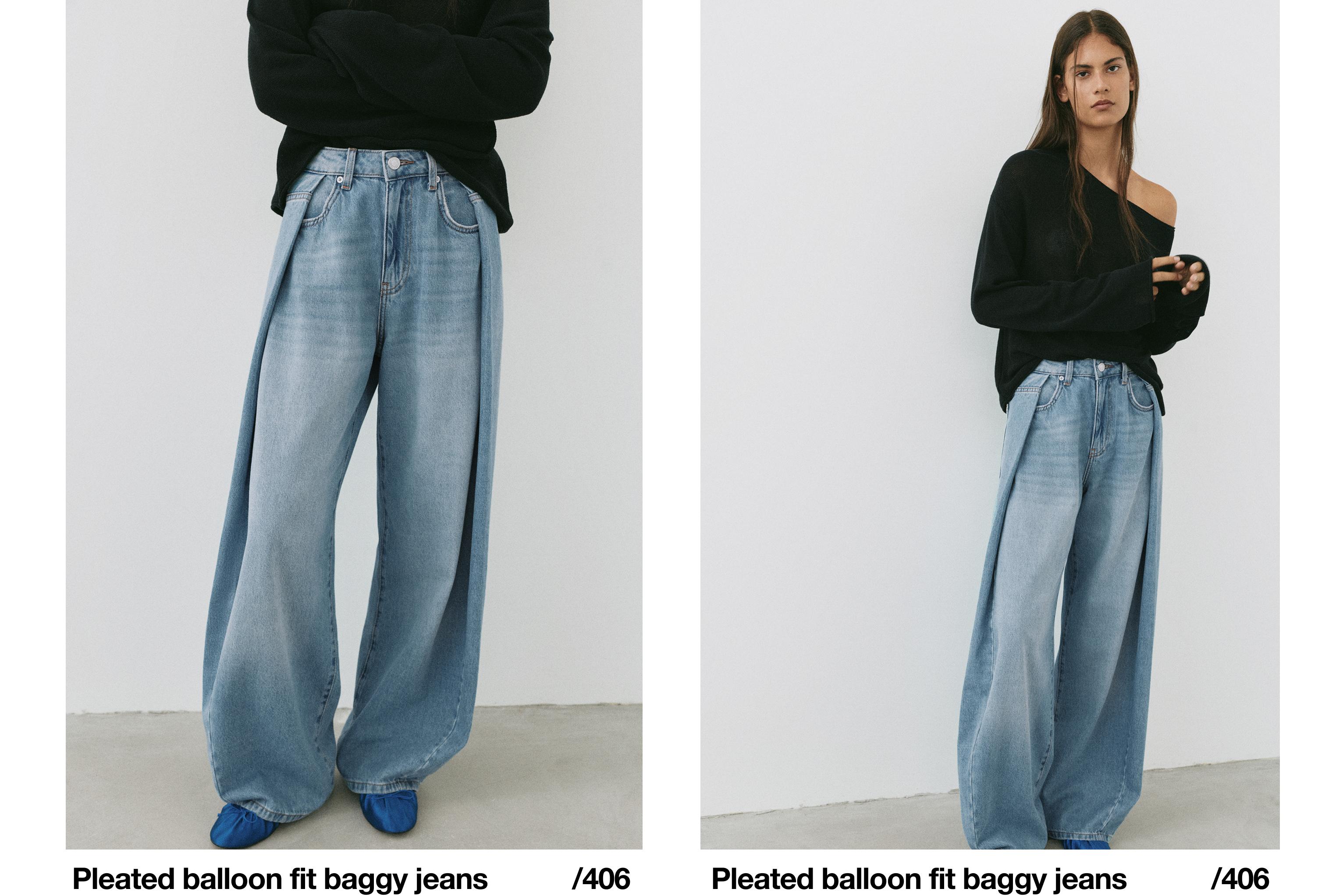 Pleated balloon fit baggy jeans — Pale blue