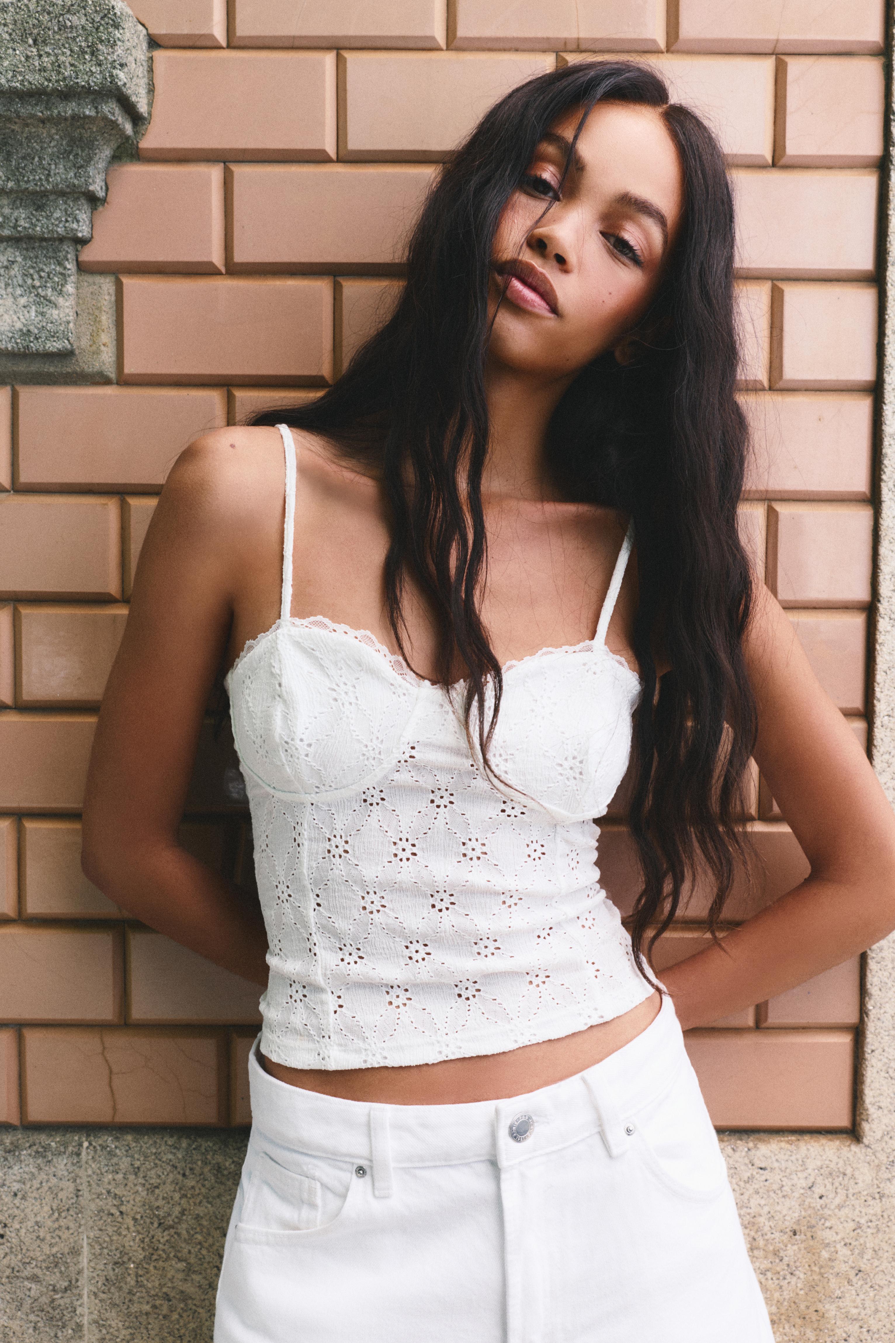 Swiss embroidered strappy corsetry-inspired top — White