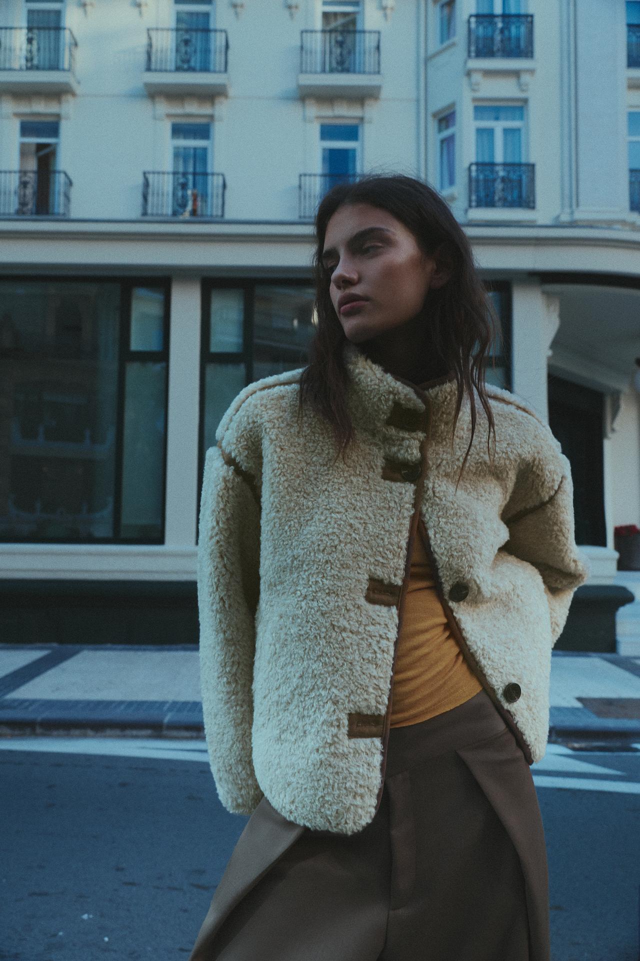 Faux shearling high neck jacket — Ecru