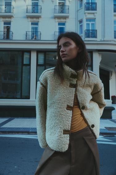 Faux shearling high neck jacket — Ecru 1
