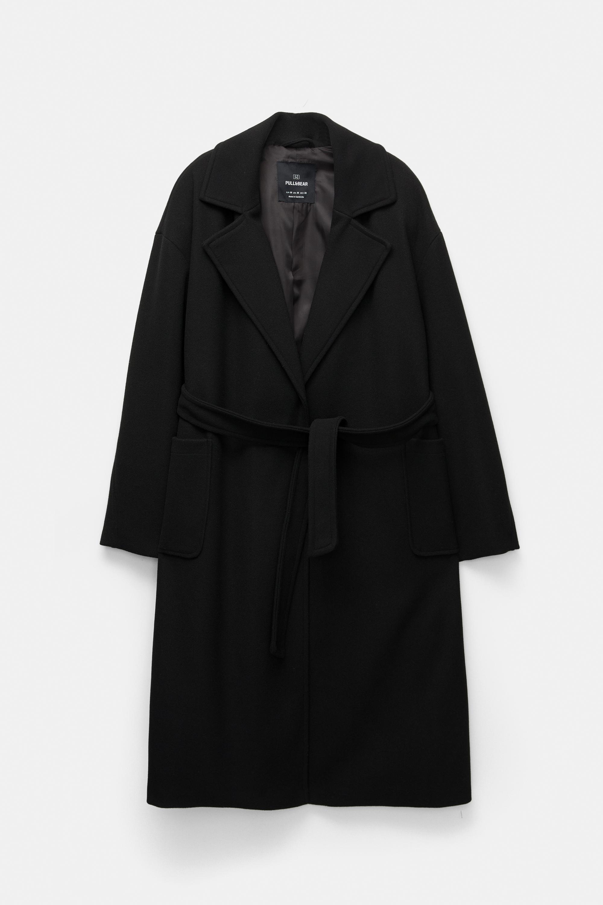 Long felt coat with belt — Black