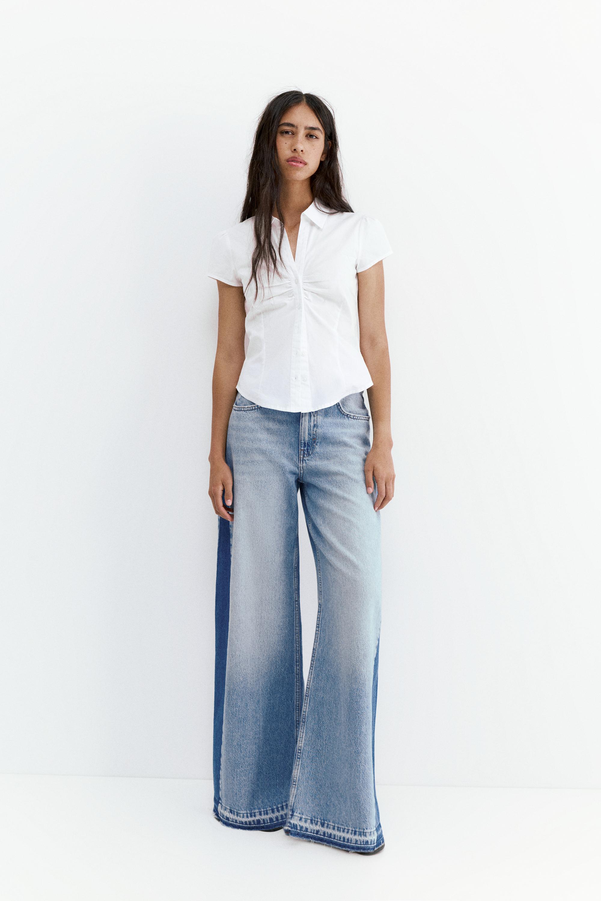Wide-leg patchwork jeans — Medium blue
