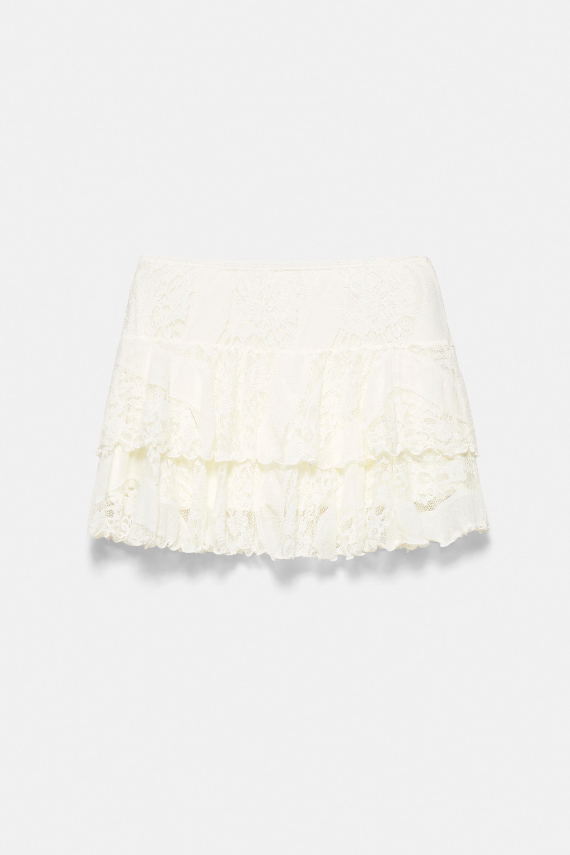 White lace ruffle mini skirt — Ecru
