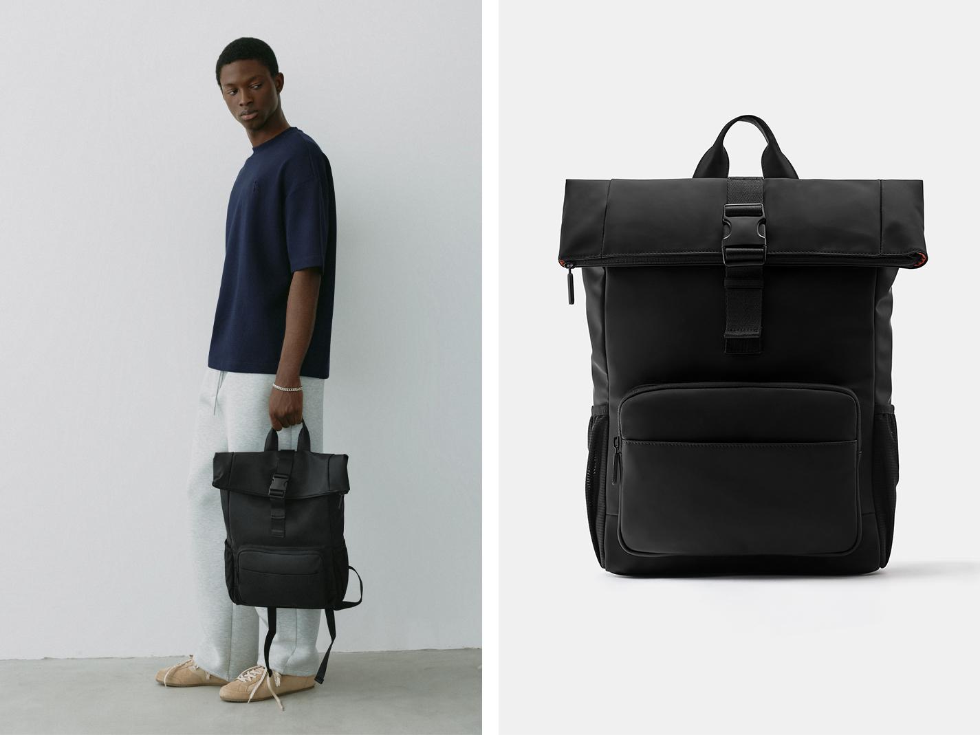 Rubberised flap backpack — Black