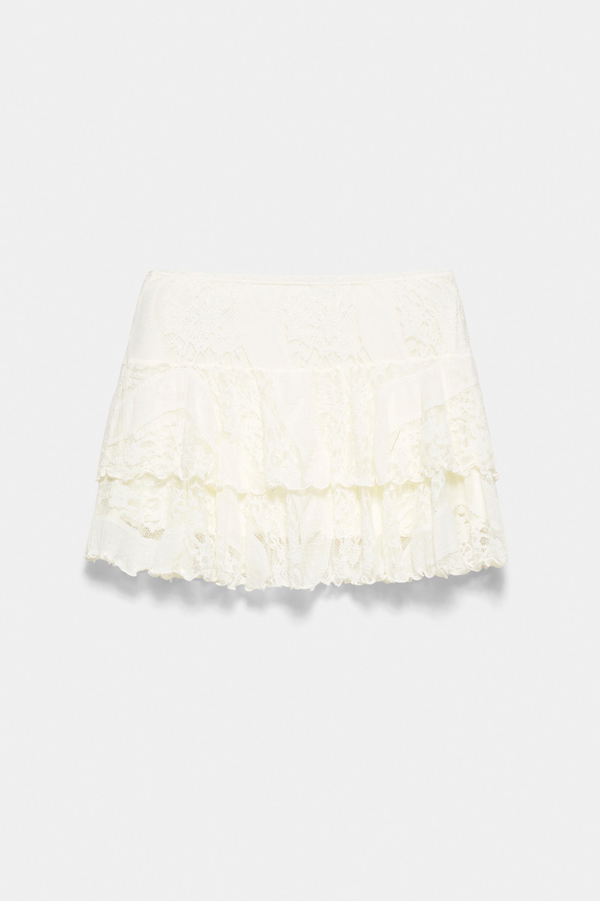 White lace ruffle mini skirt — Ecru
