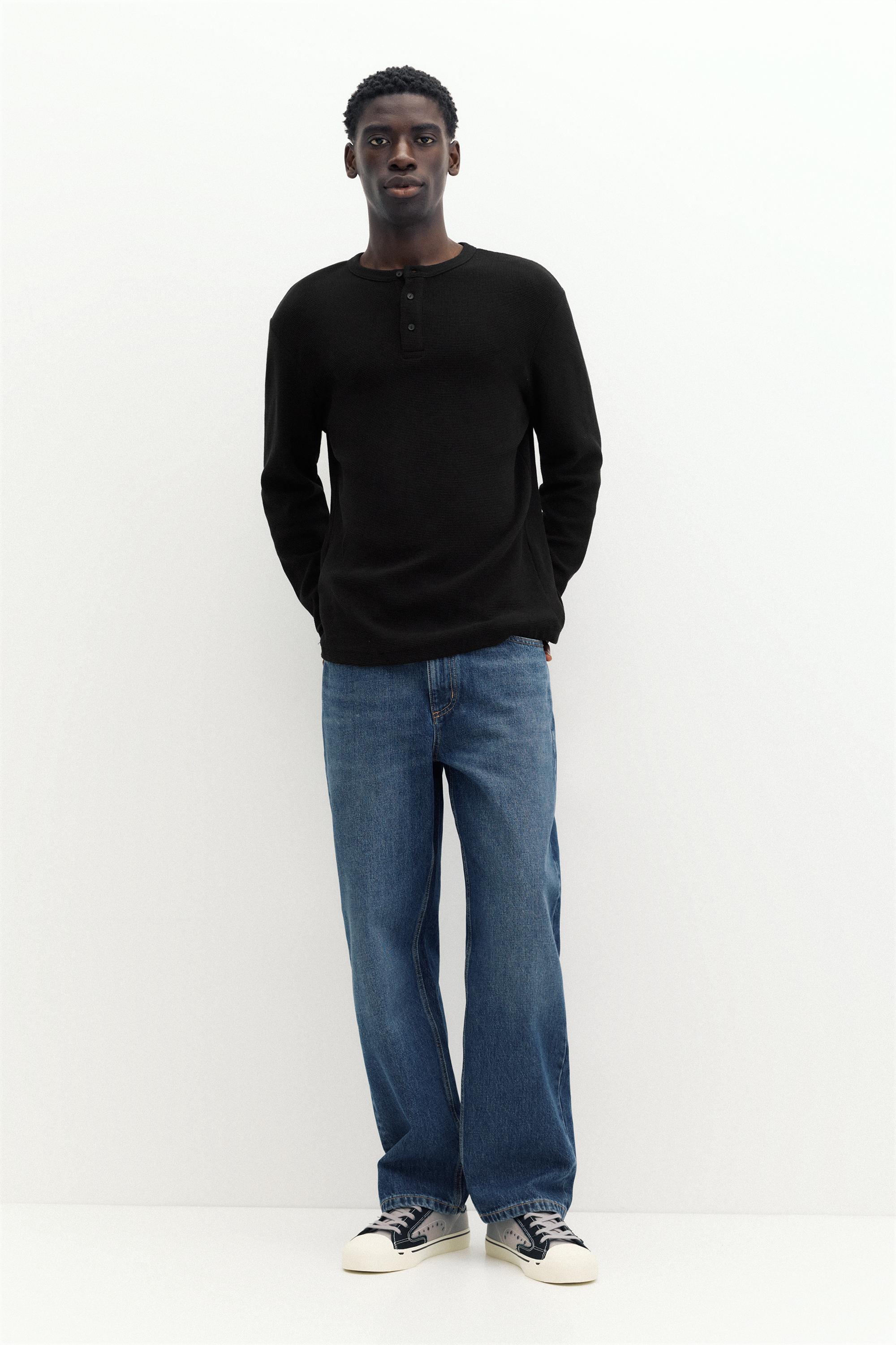 Waffle-knit long sleeve T-shirt — Black