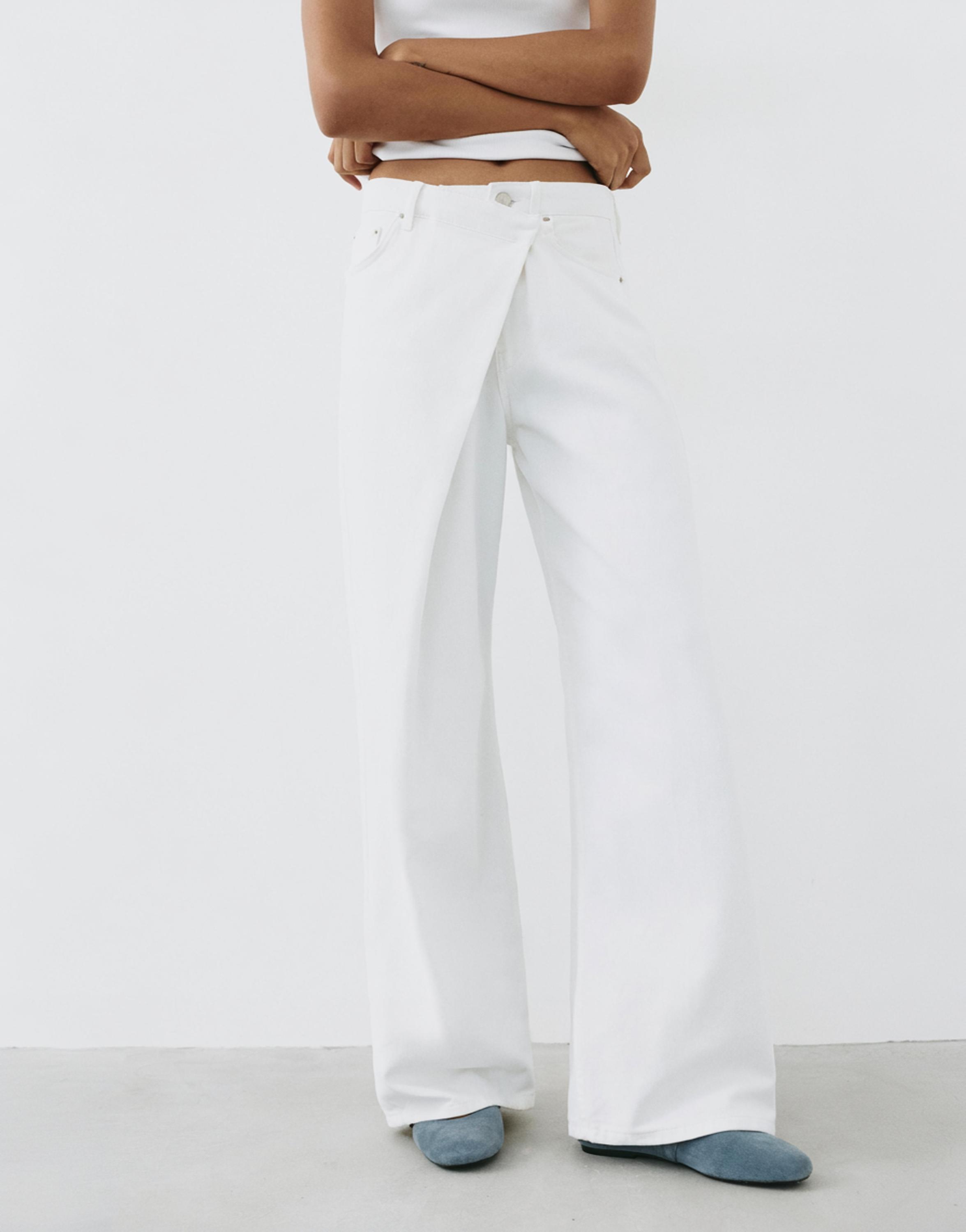 White crossover waist baggy jeans — White