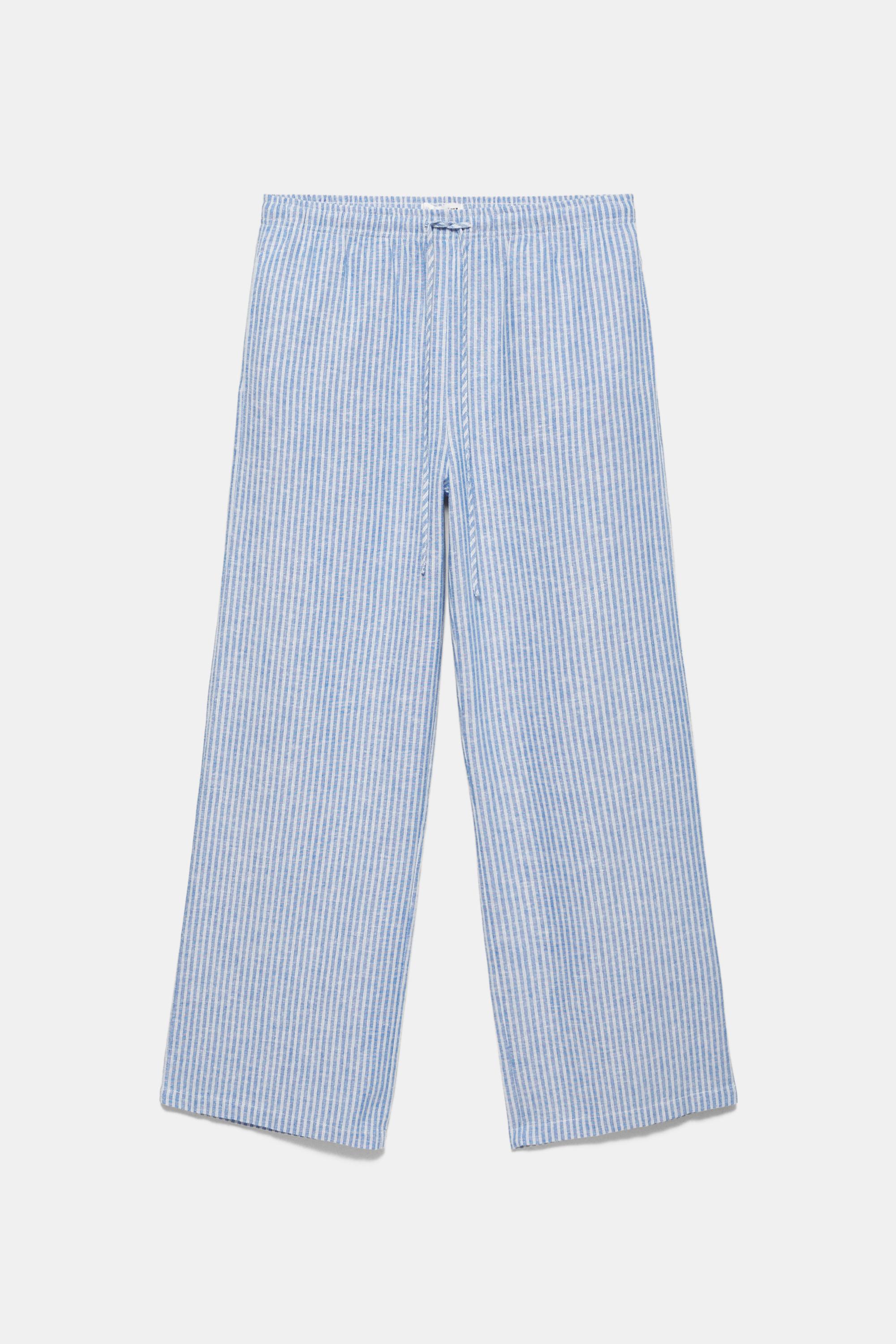 Striped pyjama-style trousers with linen — Blue