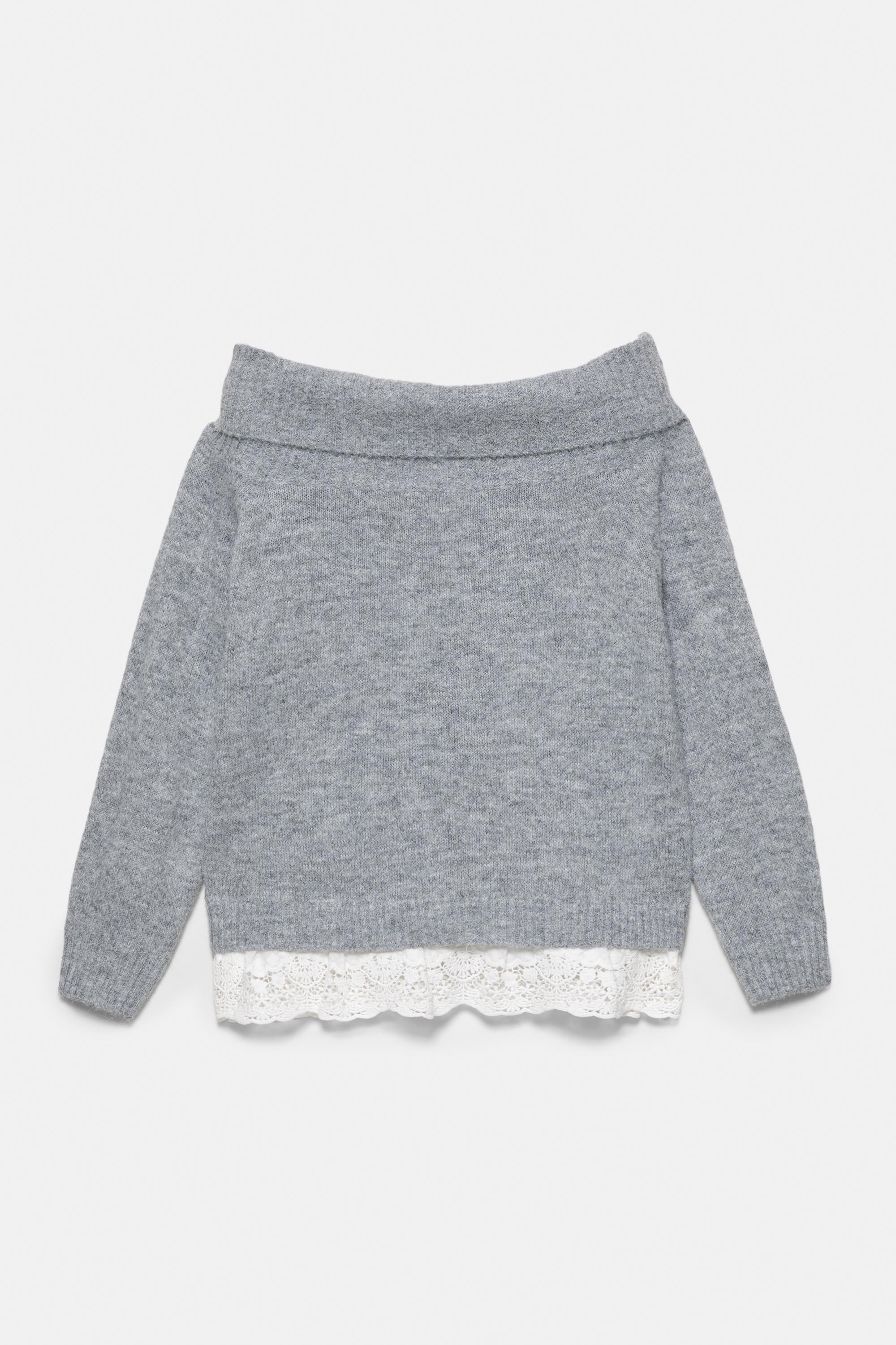 Bardot jumper with combined lace — Grey marl