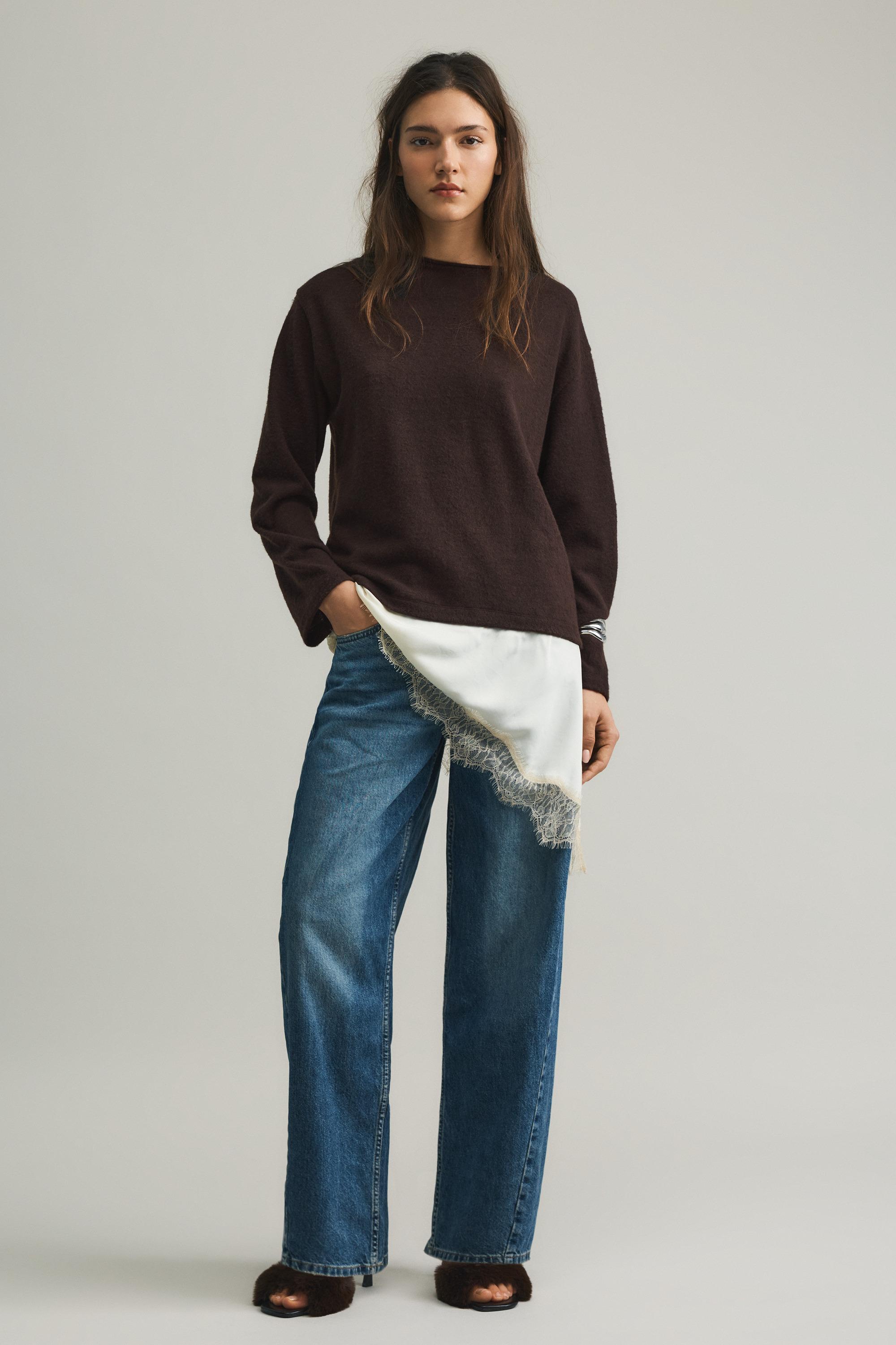 Fine lace combined jumper — Brown