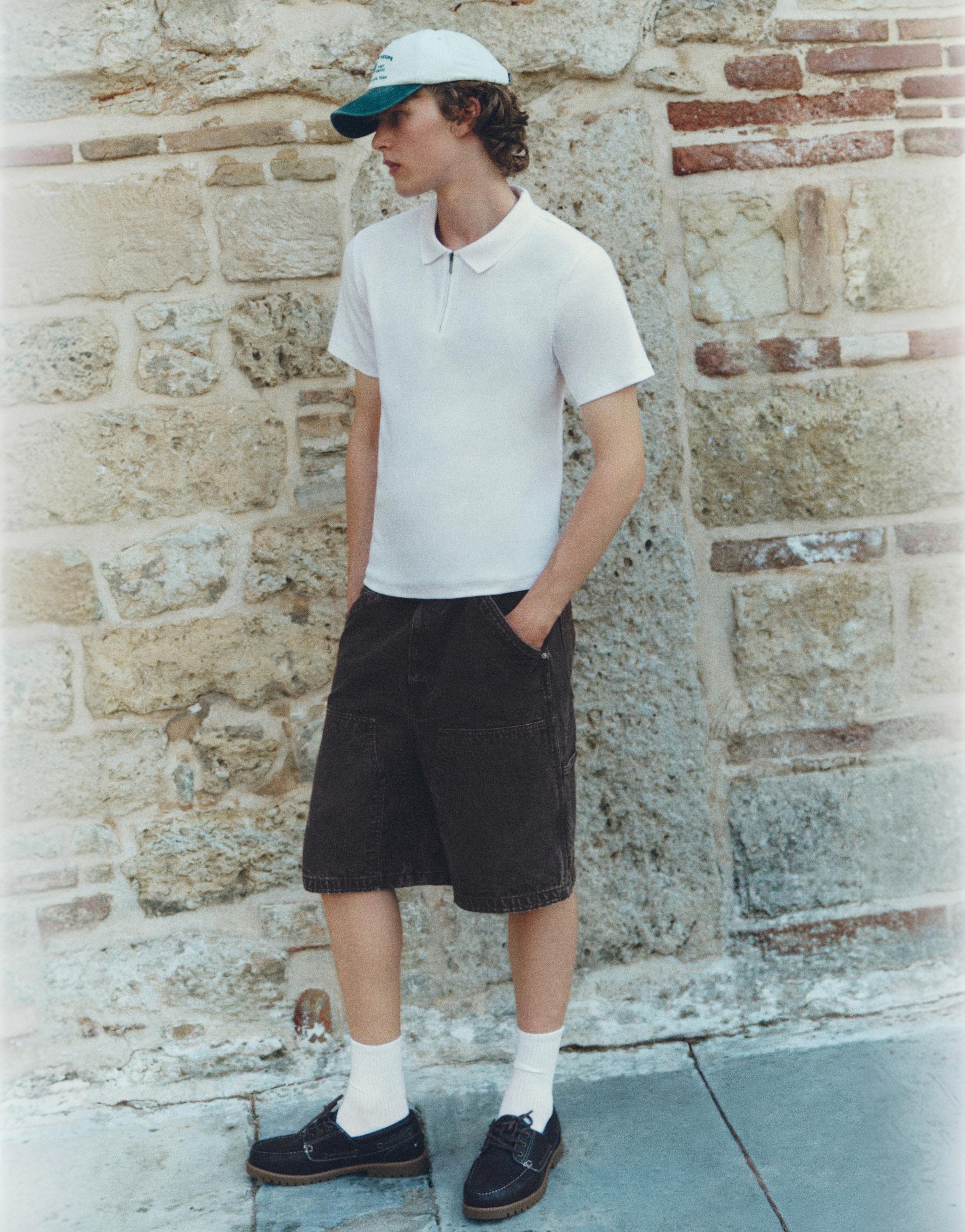 Short sleeve zip-up polo shirt — Off white