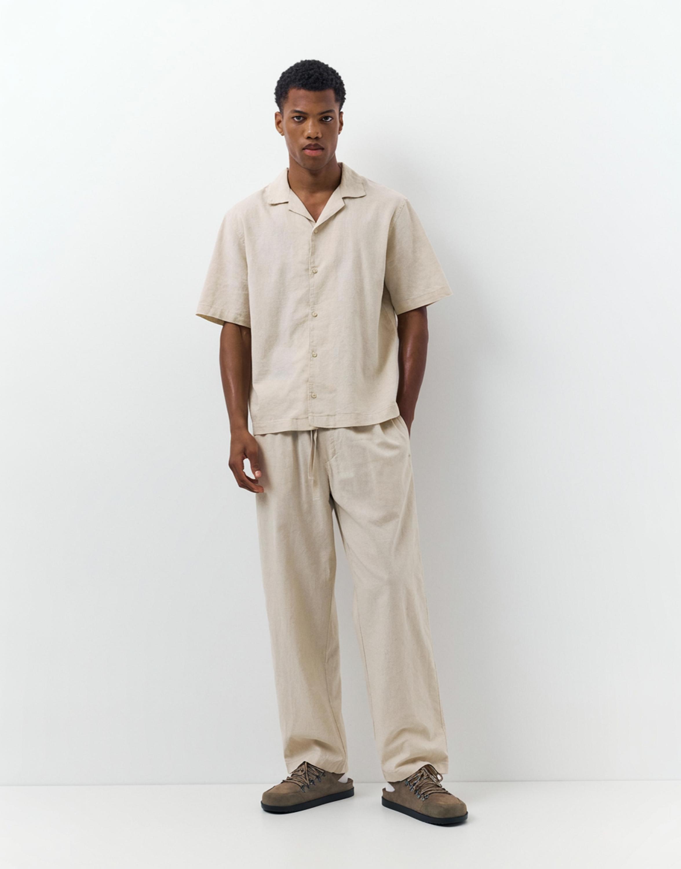 Short sleeve linen blend shirt — Beige