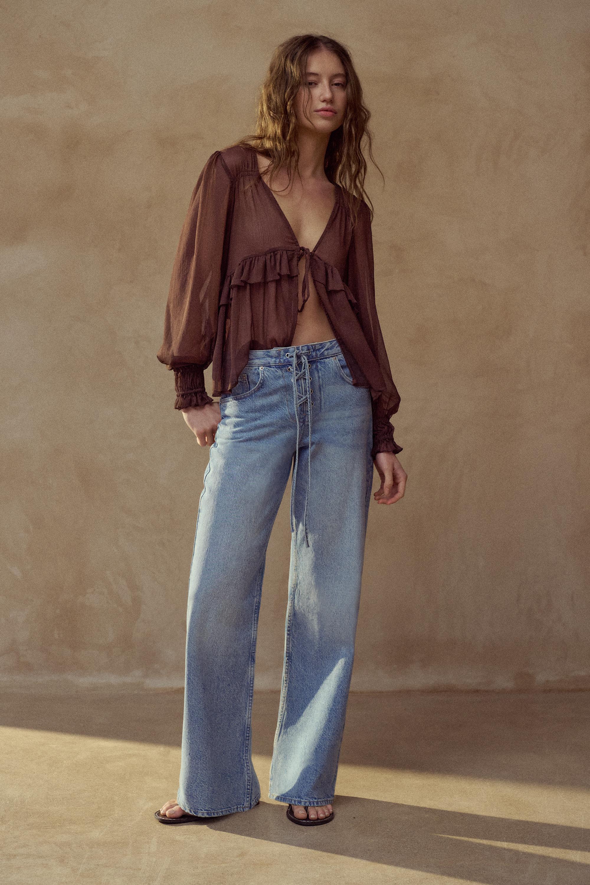 Sheer blouse with ruffle — Brown