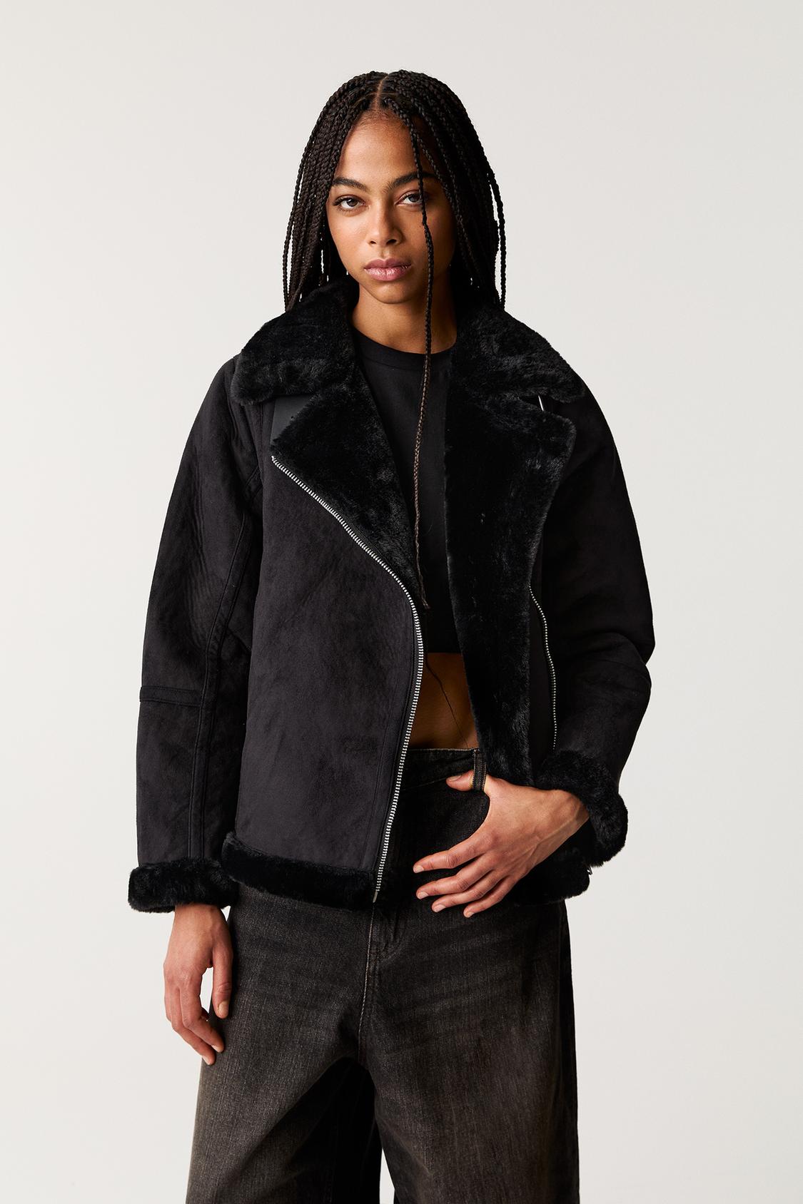 Fur Coat Chaqueta Negra Pull And Bear Mujer Double-faced Jacket