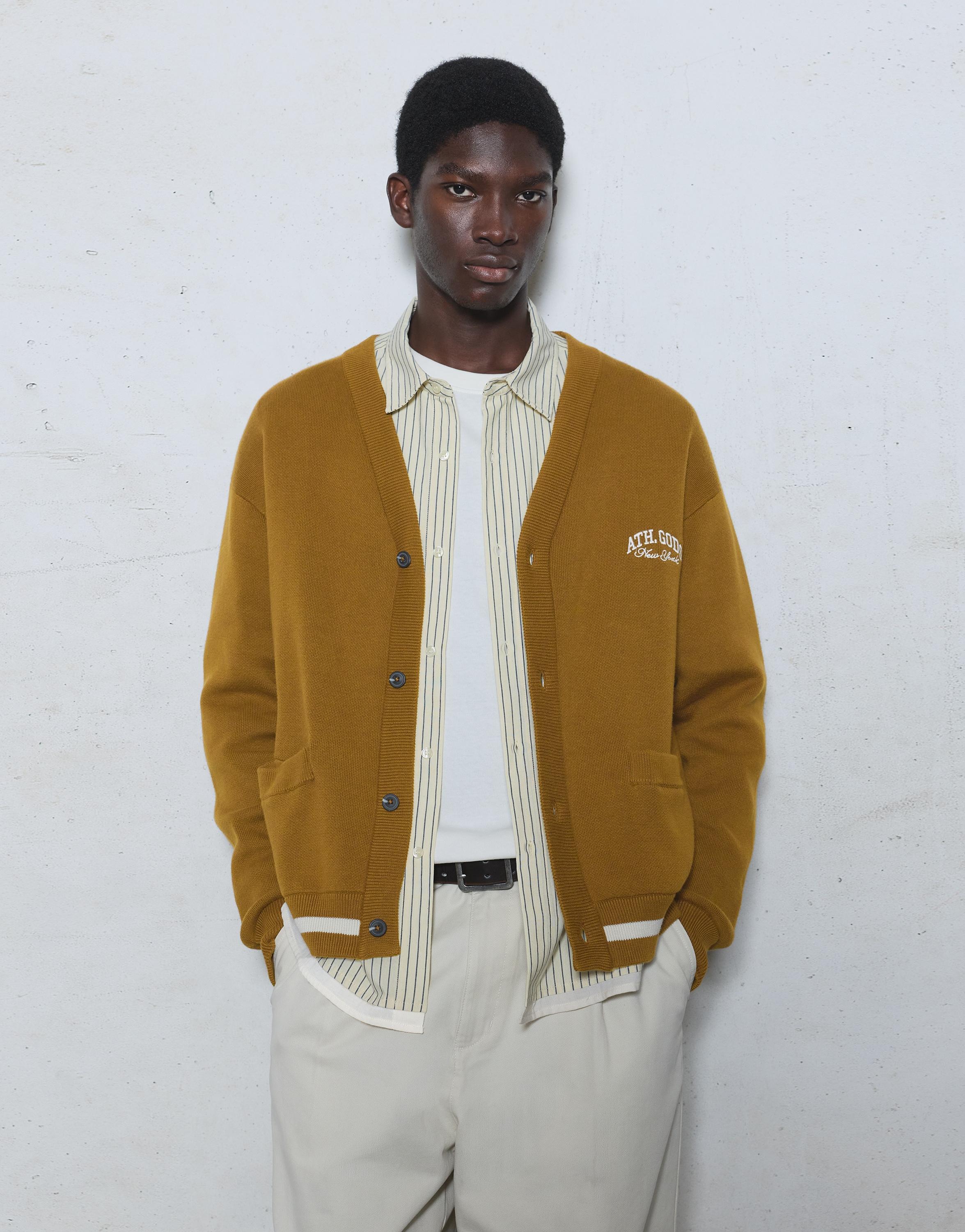 Embroidered varsity cardigan — Tobacco brown