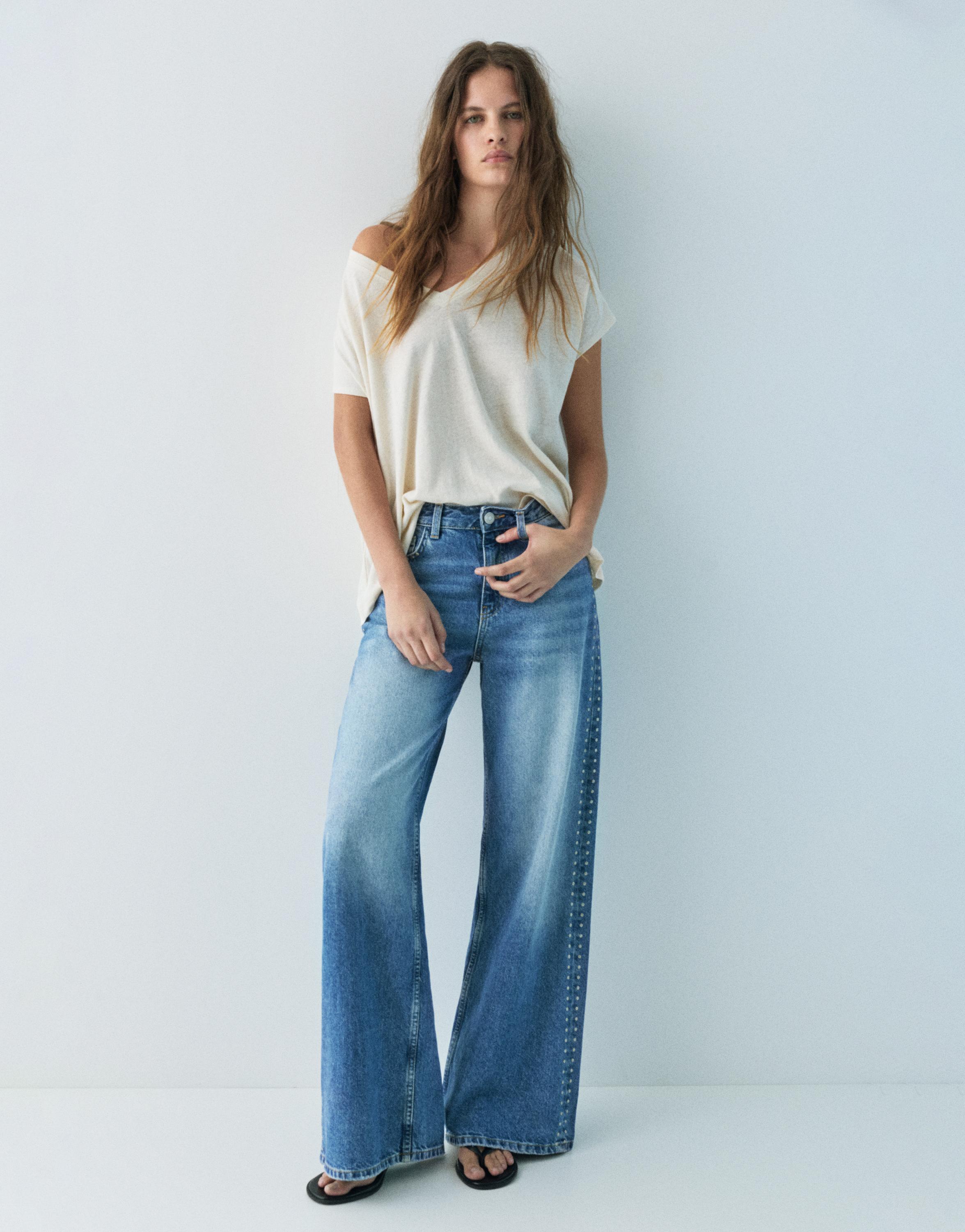Wide-leg stud jeans — Medium blue