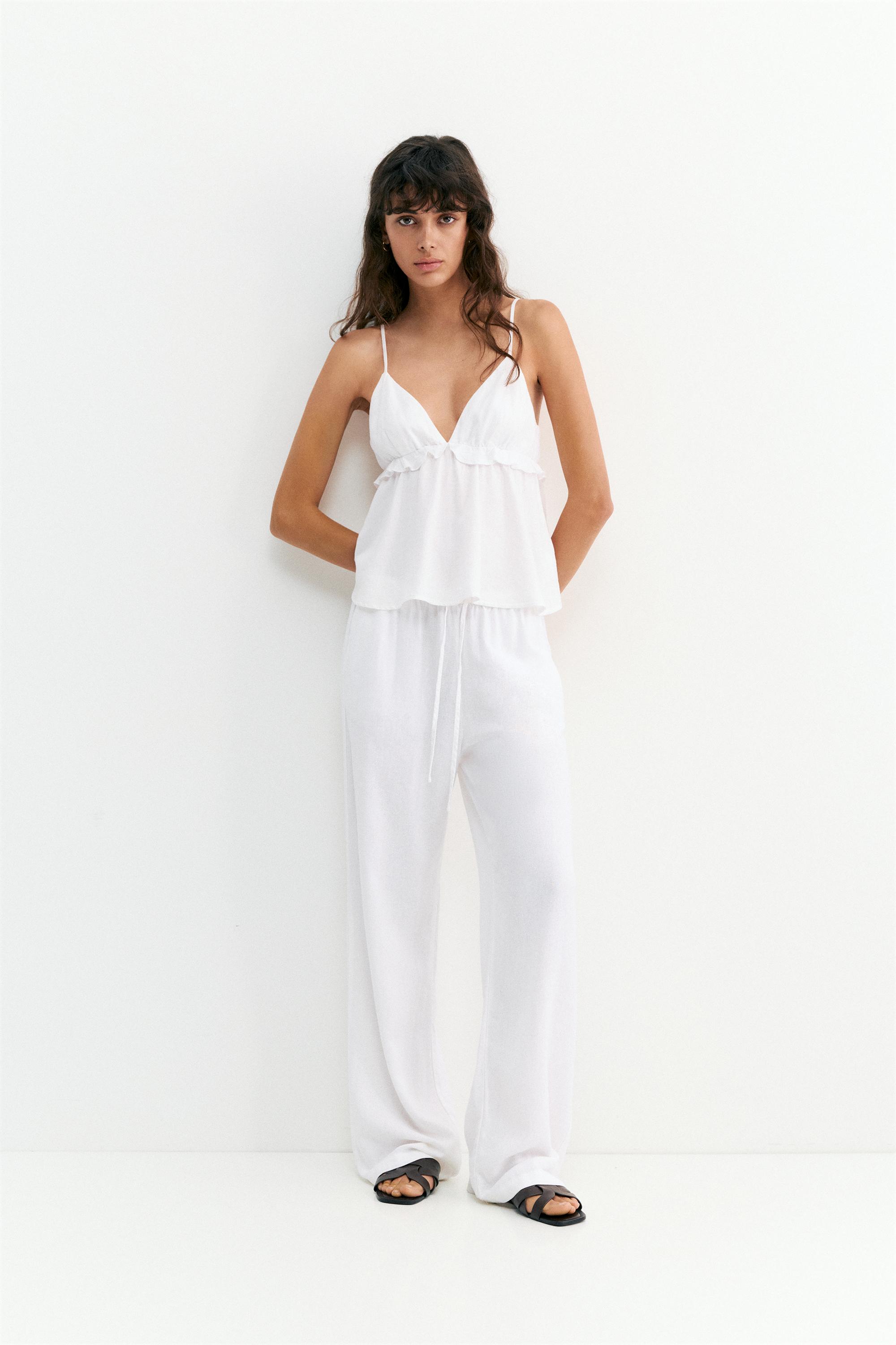Ruffled linen top — White