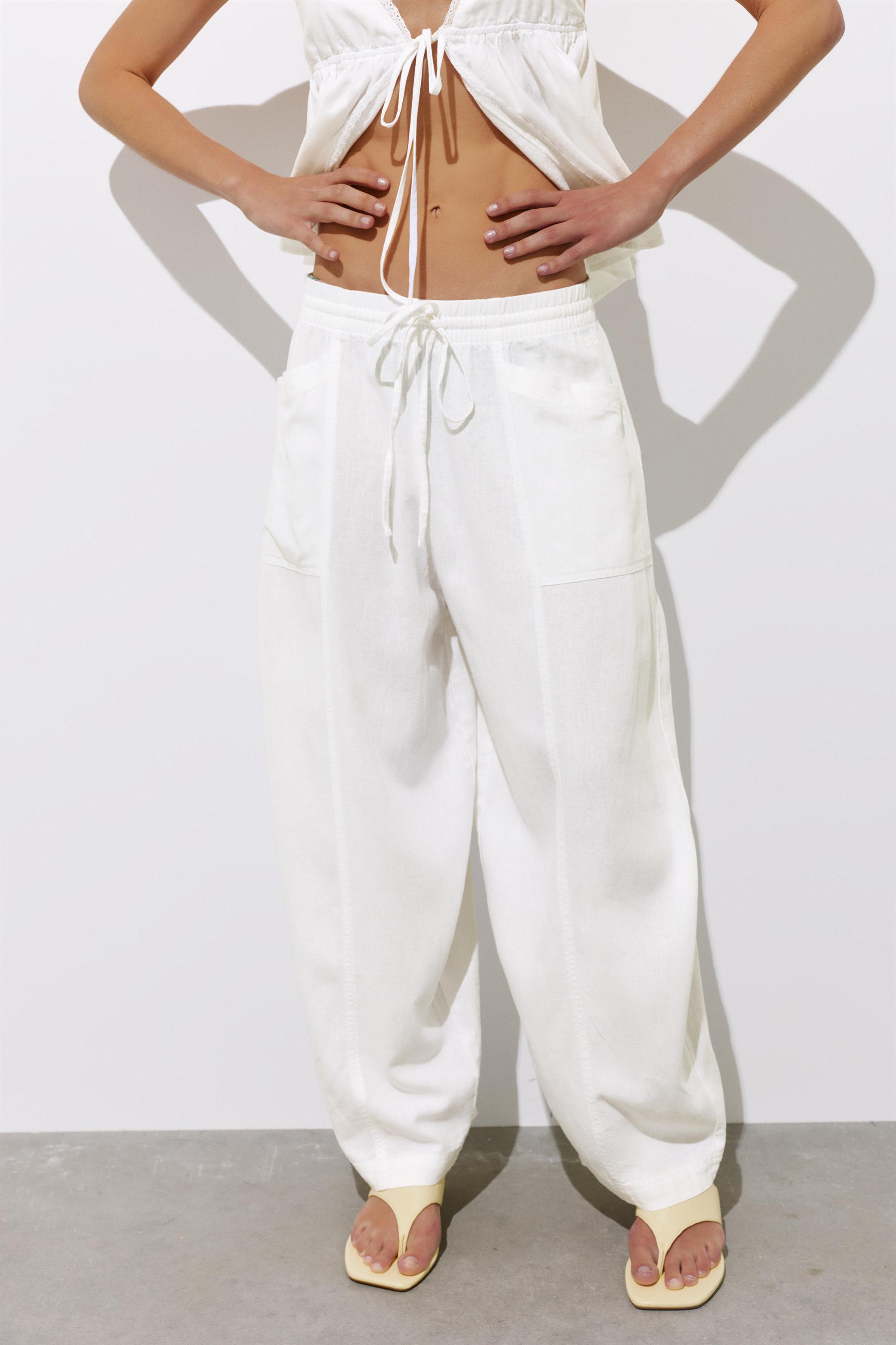 Linen blend barrel trousers — White