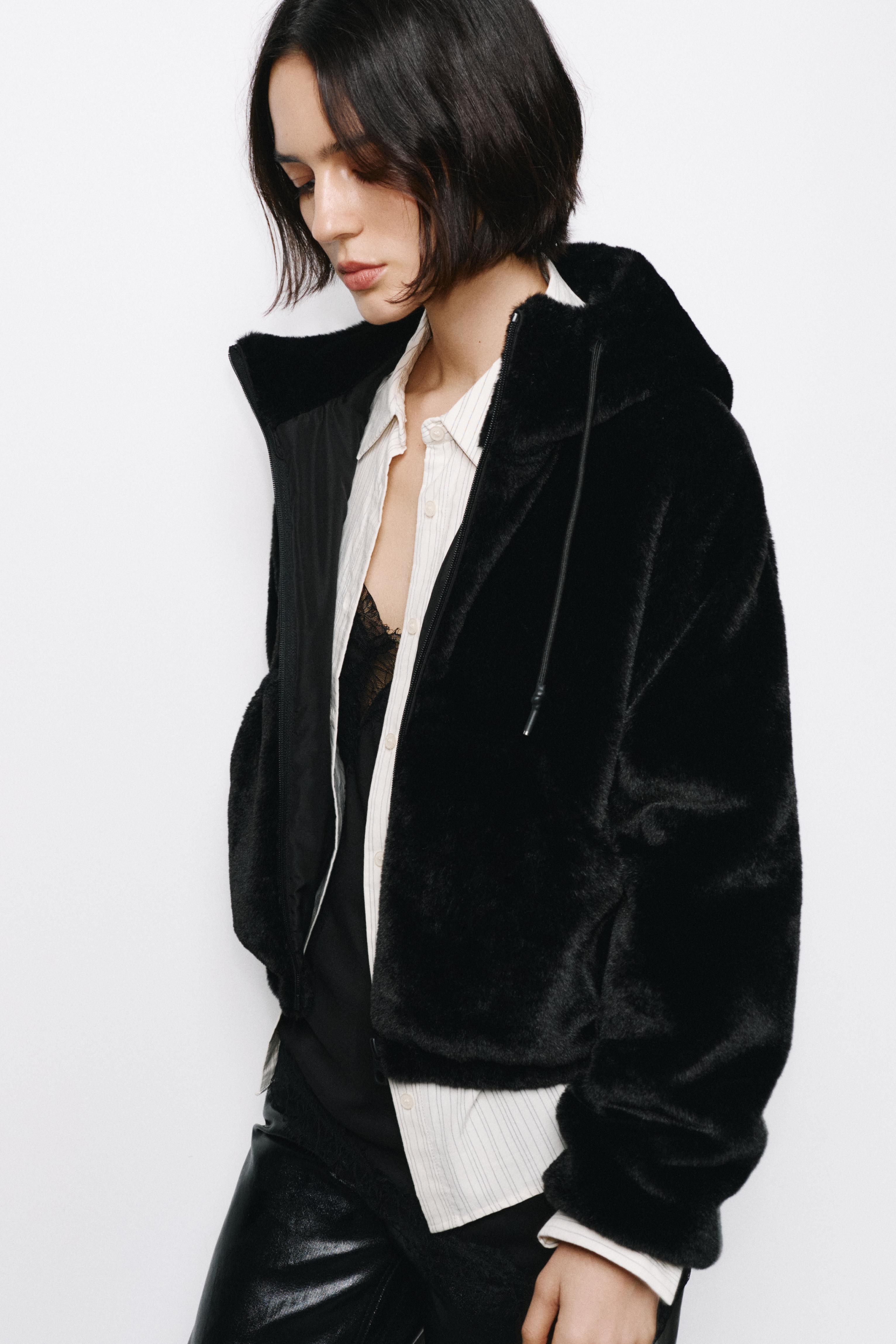 Faux fur hooded jacket — Black