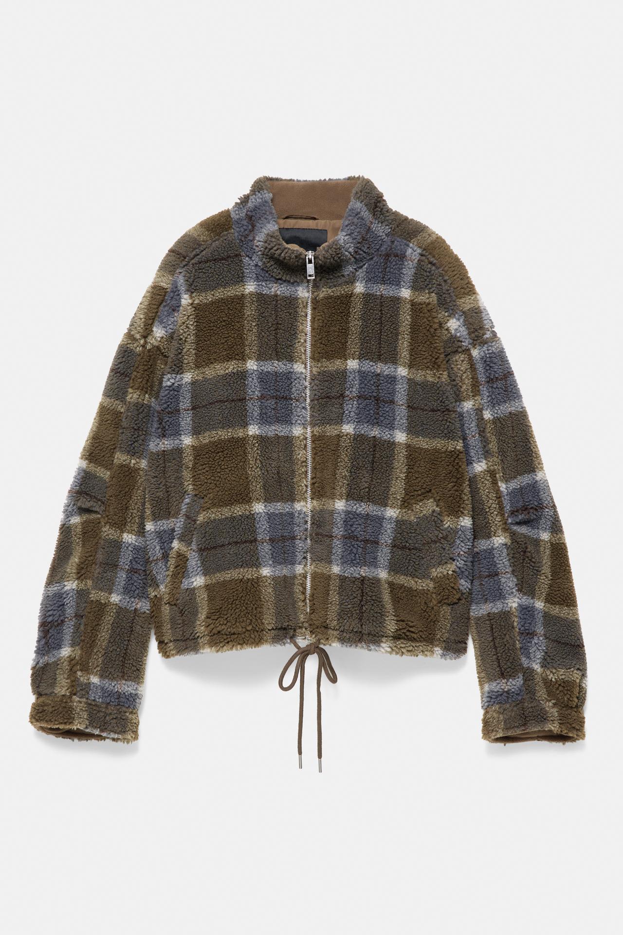 Check faux shearling jacket — Dark khaki