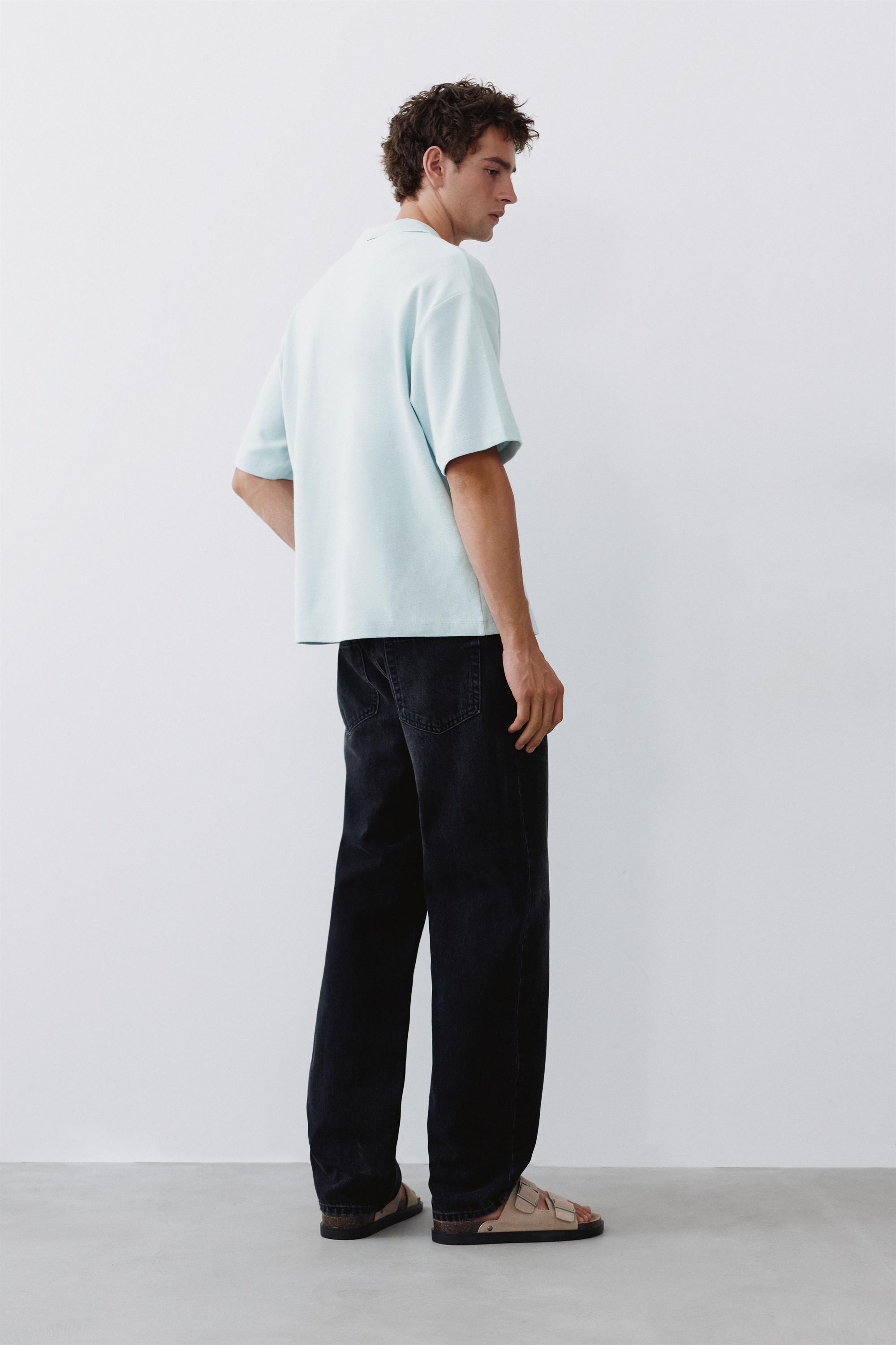 Short sleeve waffle-knit polo shirt — Sky blue