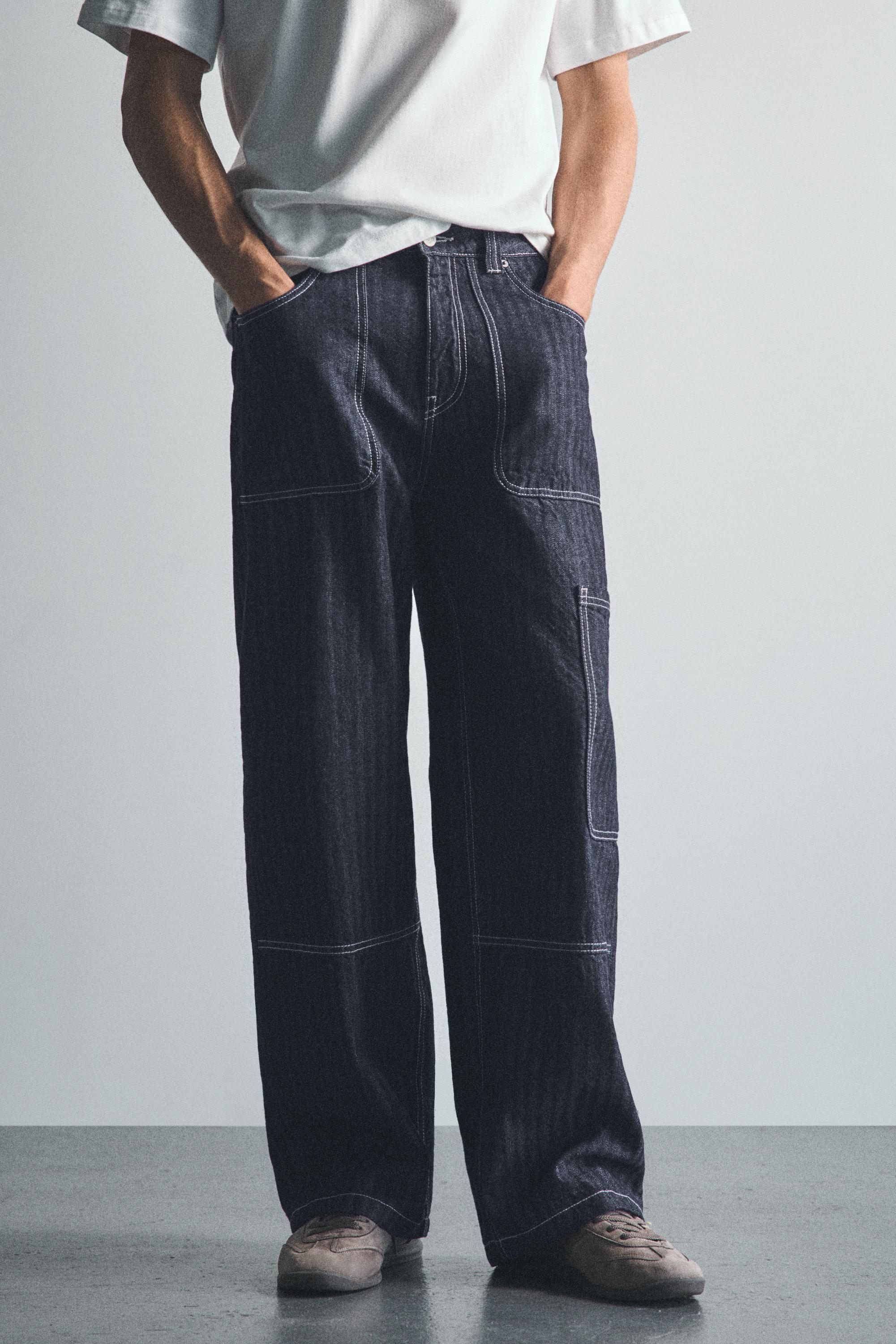 Striped relaxed-fit cargo jeans — Navy