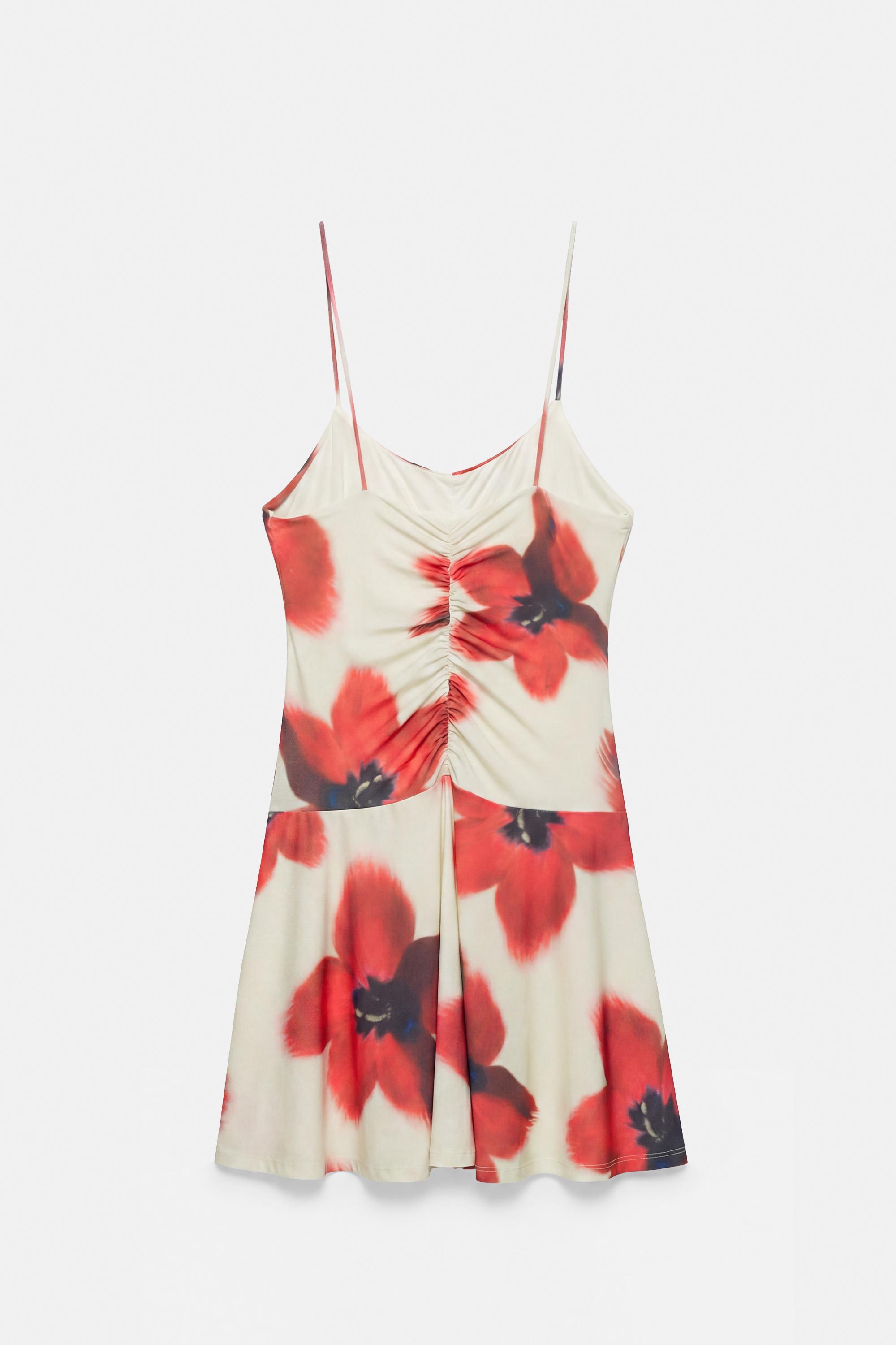 Short strappy gathered dress — Ecru/Red
